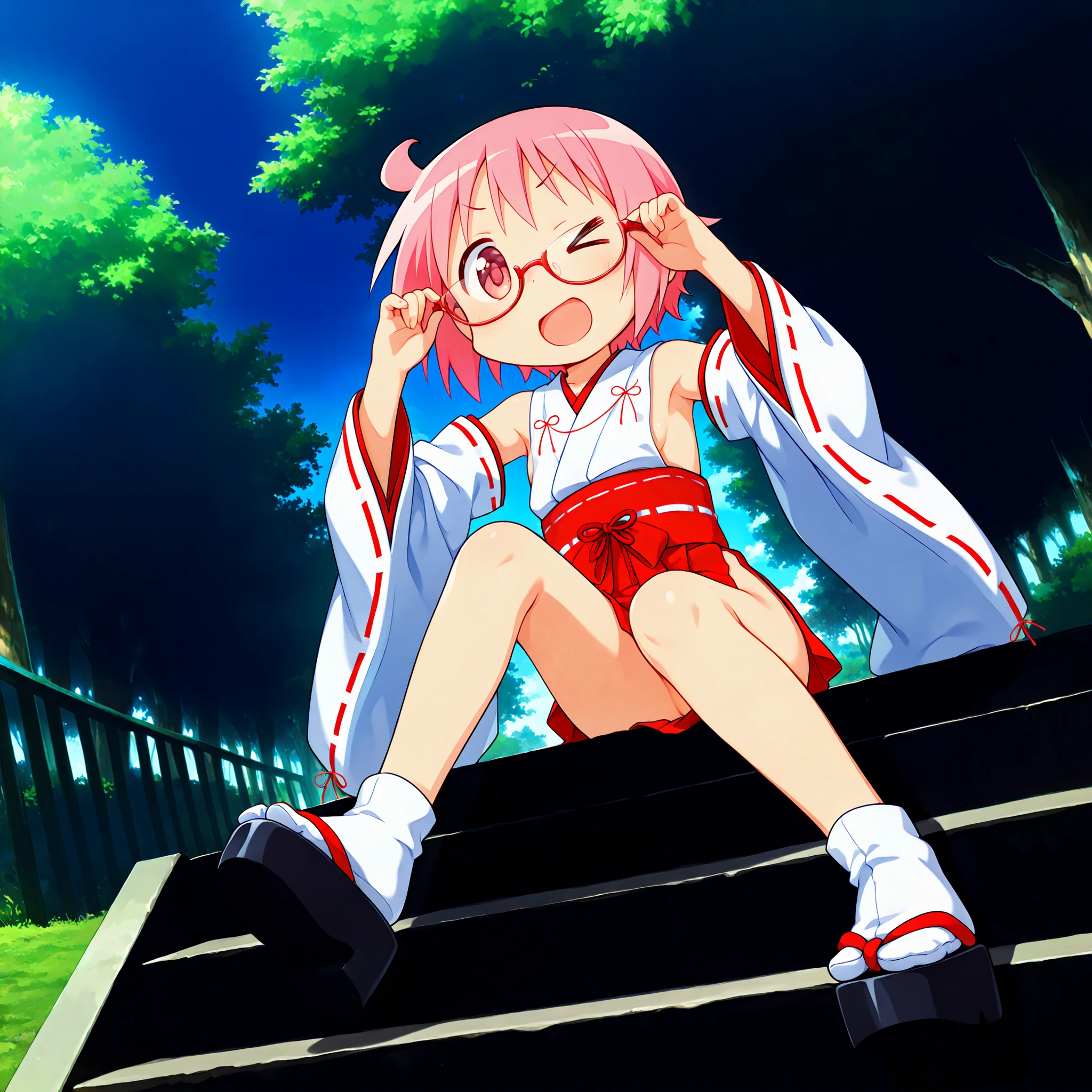 nonohara yuzuko, pink hair, short hair,(ahoge), pink eyes,bangs,((anime style)),score_9, score_8_up, score_7_up, source_anime,solo,1girl, ((miko)),  ((((mini slit red skirt)))),black okobo,tabi,((Obi)) ,((Obi knot)), (flat chest) , ((side boob)) , (No panties) , ((exposed shoulders)) ,((detached white sleeves)),(ribbon-trimmed sleeves),happy,(((park stairs))),((blue sky)),(sitting on stairs),((dramatic angle)),((((one knee up)))),(((both hands on glasses both string))),
,v-shaped eyebrows,,((> <)),((wink)),((low angle)),looking at viewers,glimpse of her thighs,
