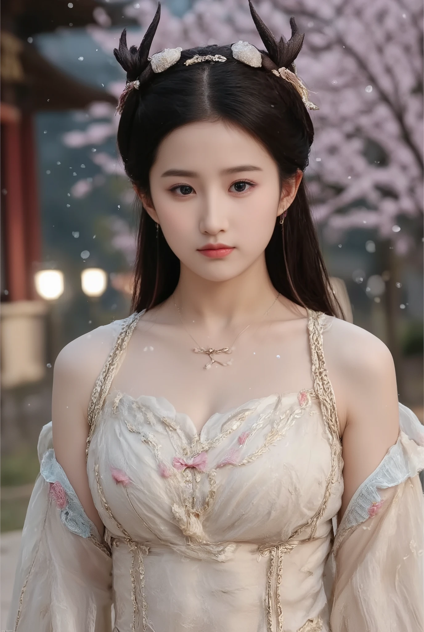 A woman dressed in an elegant fantasy-inspired gown stands amidst a serene outdoor setting. Her attire, a flowing ensemble of soft white and pink, features intricate golden embroidery and delicate tassels in hues of pink and blue. The gown is carefully draped, with an off-the-shoulder design that highlights her décolletage. The woman’s long, dark hair cascades down her back, adorned with ornate headpieces resembling antlers, which add a regal touch to her appearance. Cherry blossoms and snowflakes gently float around her, suggesting a magical atmosphere blending spring and winter. The background is softly blurred, with elements that appear to be traditional East Asian architecture softly illuminated under the night sky, enhancing the ethereal mood of the scene. The overall composition exudes a sense of grace and enchantment.