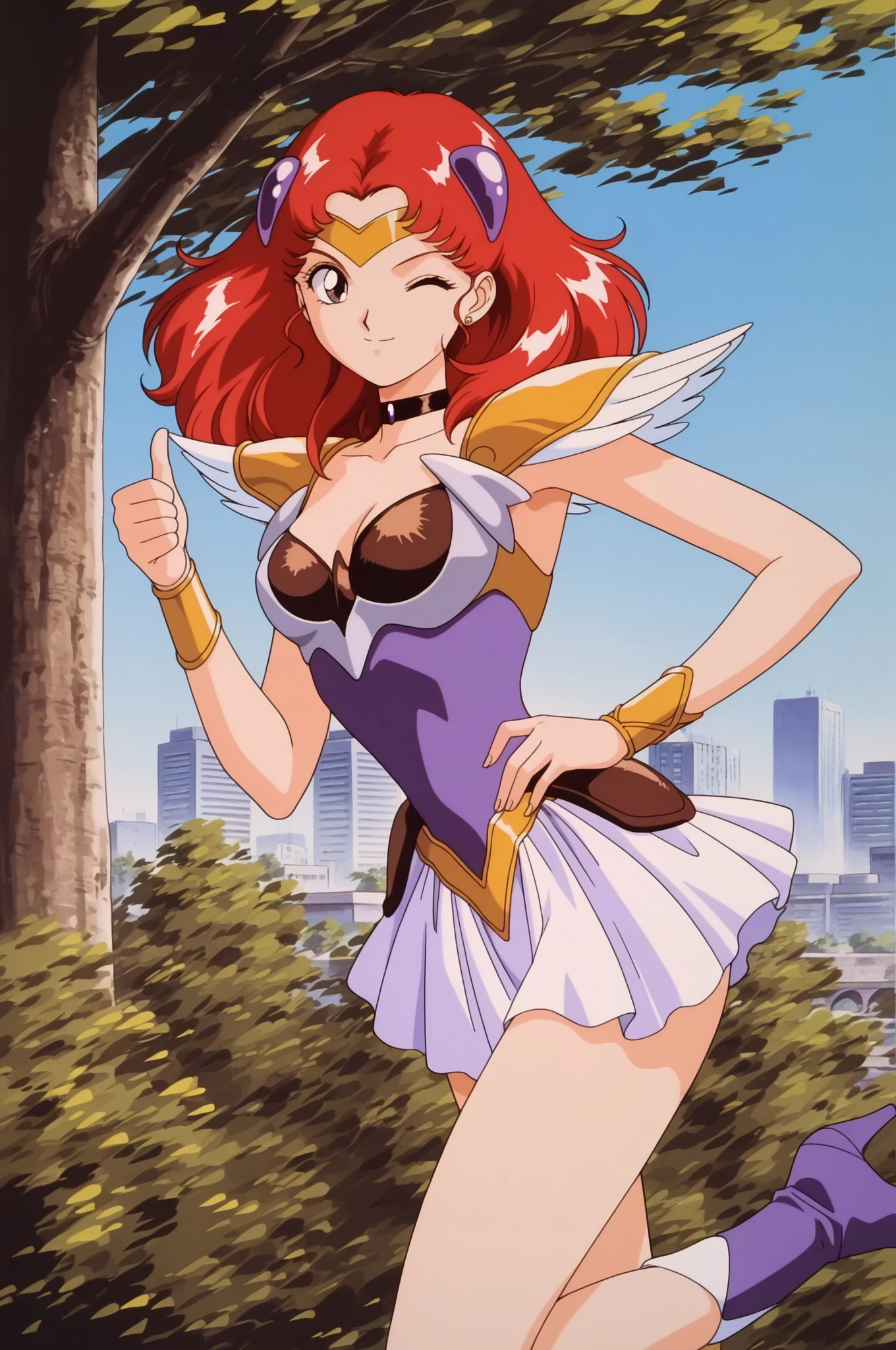 "(masterpiece:1.1), best quality, 
1girl, (80s anime style:1.3), (eyelashes:1.5), 
(intricate high detailed body:1.2), 
(orange hair:1.1), (hair between eyes:1.1), (long hair, straight hair:1.1), (headband:1.1), 
green eyes, (lip stick:1.3), (thick eyebrows:1.1), 
(dark skin:1.2), (slim body:1.1), (gigantic breasts:1.1), 
(happy, smile:1.2), open mouth, 
(bikini armor:1.2), 
(knight armor, armored boots:1.2), (fur:1.1), (jewelry:1.1), long gloves, 
standing, peace sign, 
(full body, looking at viewer, from front:1.1),
daytime, outdoors"