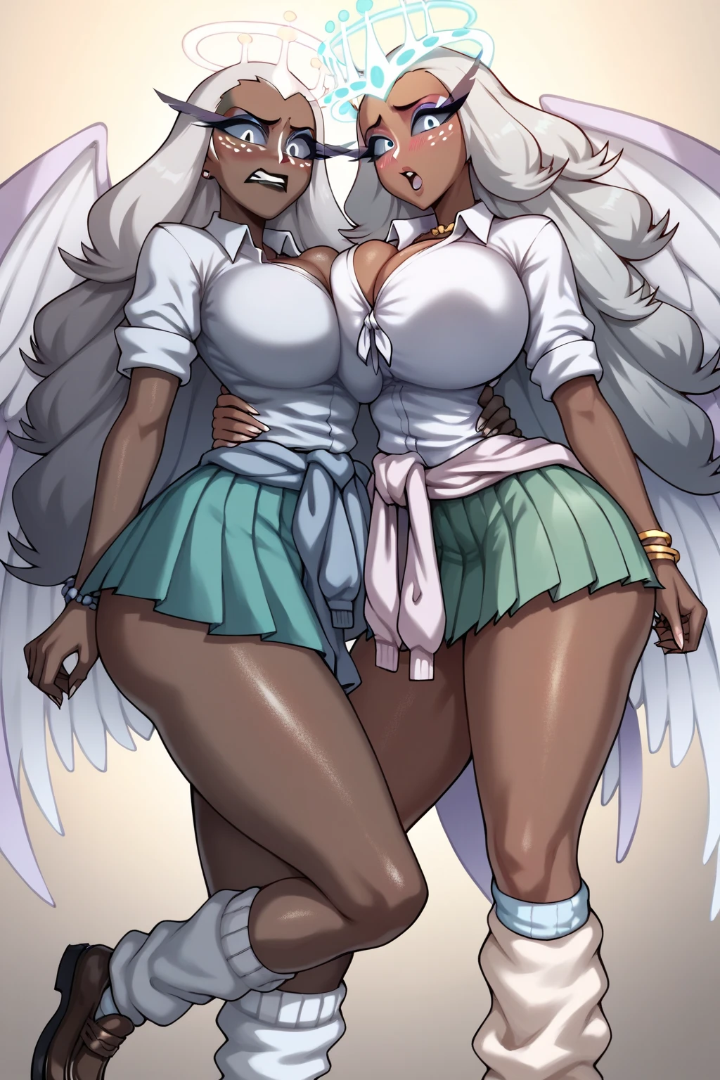a afroHero (masterpiece, best quality), Female, woman character, (((waking up, with a sleepy face,))), (comic style artwork with perfect anatomy), perfect body, transparent wet ultrathin white dress shirt unbuttoned, black knee high tights, black short miniskirt, highly detailed--no outline