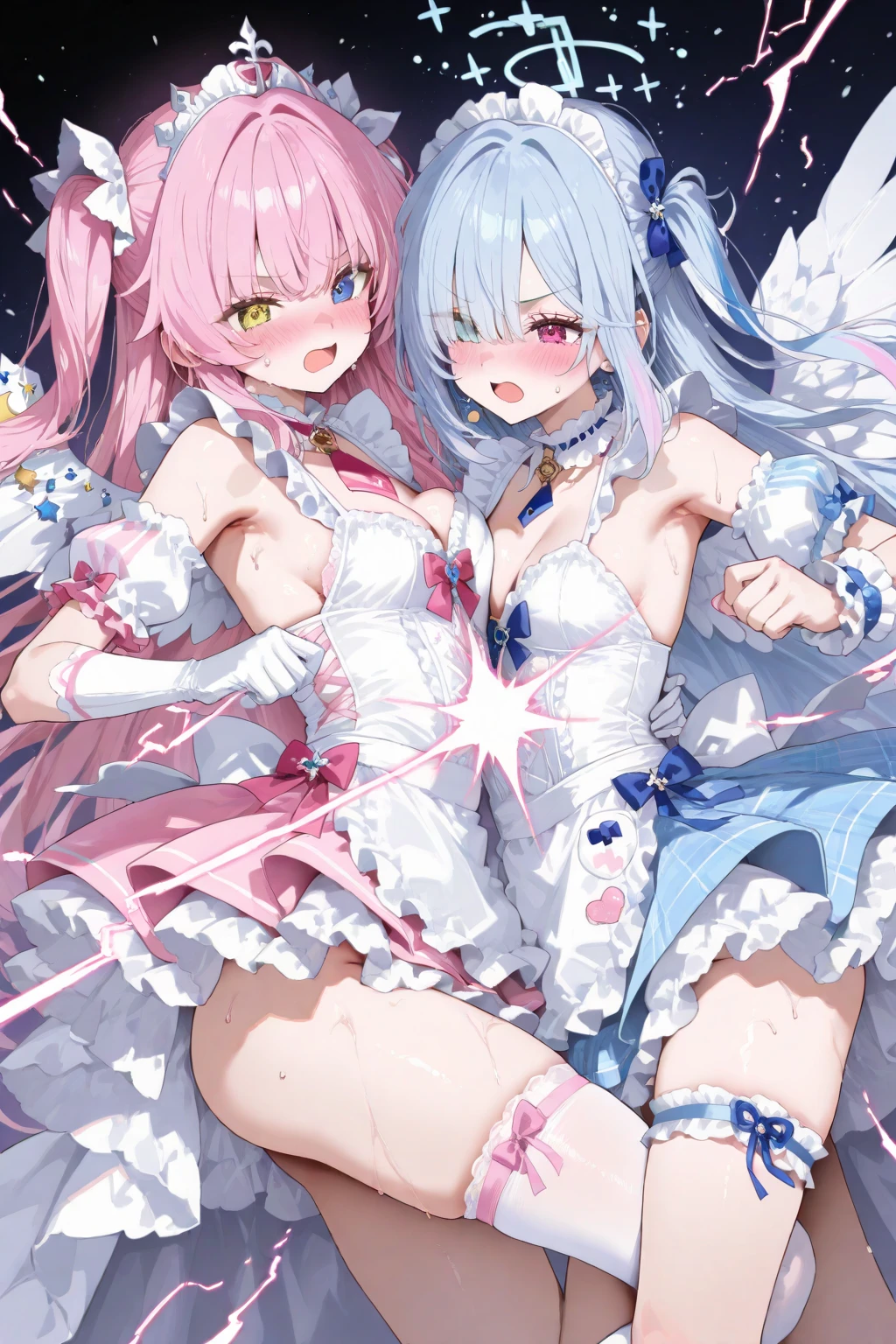 high quality, masterpiece, ultra-detailed, 2 loli girls, peaceful expression, beautiful and cute, shiny skin, long hair, enchanting eyes, ridiculously large breasts, sitting on bed, yuri, Valentine's Day balloons, lingerie, frills, bows
