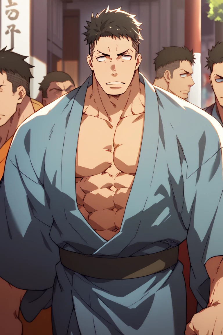 Highest quality、(muscular male:1.3)、(father:0.7)、nipple piercing、4boys、Short Hair、Sports haircut、short hair、Shaved head、Black Hair、Red Hair、Blonde、White Hair、Wearing a yukata and laying out a futon at an inn、night、A fun atmosphere、ass pov、nsfw