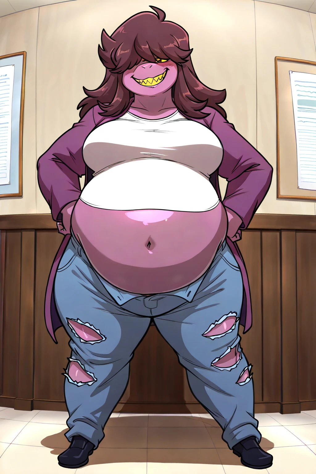 susielora, 1girl, solo, long hair, breasts, looking at viewer, smile, large breasts, simple background, brown hair, shirt, long sleeves, closed mouth, standing, jacket, tail, full body, yellow eyes, white shirt, open clothes, shoes, pants, black footwear, torn clothes, colored skin, own hands together, denim, furry, purple background, jeans, furry female, blue pants, purple jacket, purple skin, torn pants, torn jeans, hammer holding,fat, overweight, massive belly, vore