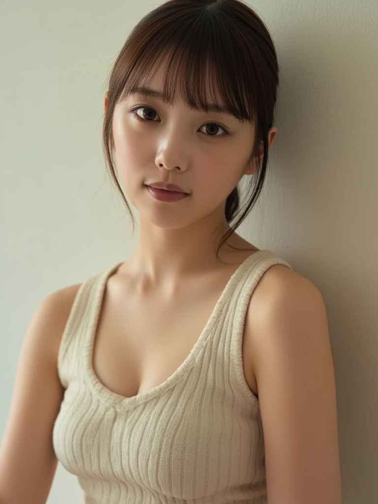 (A photo of your face:1.25), 6 years old, (cute:1.5), (Baby Face:1.5), (Round face:1.8), One Japanese woman, beautiful girl, Pretty face, (Straight Short Hair)、(Big Breasts:1.5), (View your viewers), (Standing facing the camera), (smile), (Tank top)、(Black background:1.8)、Mouth closed
