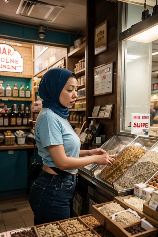 ((highest quality, 8k, masterpiece:1.3)), Lower body, sharp focus:1.2, Beautiful hijab woman with perfect figure:1.4, slender abs:1.1, The background is a convenience store counter, ((shortcut, big breasts:1.2)), (wearing a fluffy red sweater dress, big breasts, slim and toned waist, Soft big buttocks, laughing:1.2), Highly detailed face and skin texture, detailed eyes, double eyelid, 25 year old woman, mature woman, laughing