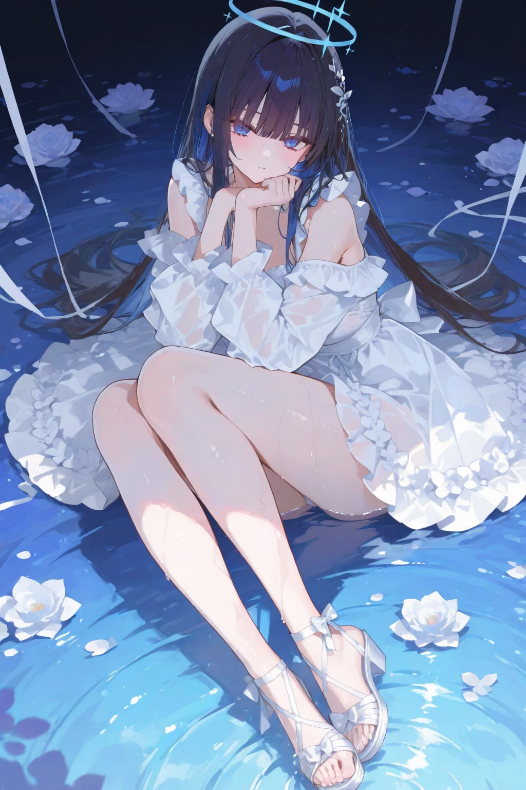 (masterpiece), best quality, ultra-detailed, illustration, warm lighting, bright colors, 1girl, solo, long hair, blue eyes, ribbon, brown hair, hair between eyes, hair ribbon, sidelocks, very long hair,
white dress, dress, thighs, long sleeves, hands behind back, (arms behind back), leaning foward, mischievous smile, ((arms_behind_back)), white pantyhose, white gloves,
underwater, floating, wet,cowboy shot, fish surrounded, seabed, undersea,underwater, jellyfish, fish, bubble, sunbeam,