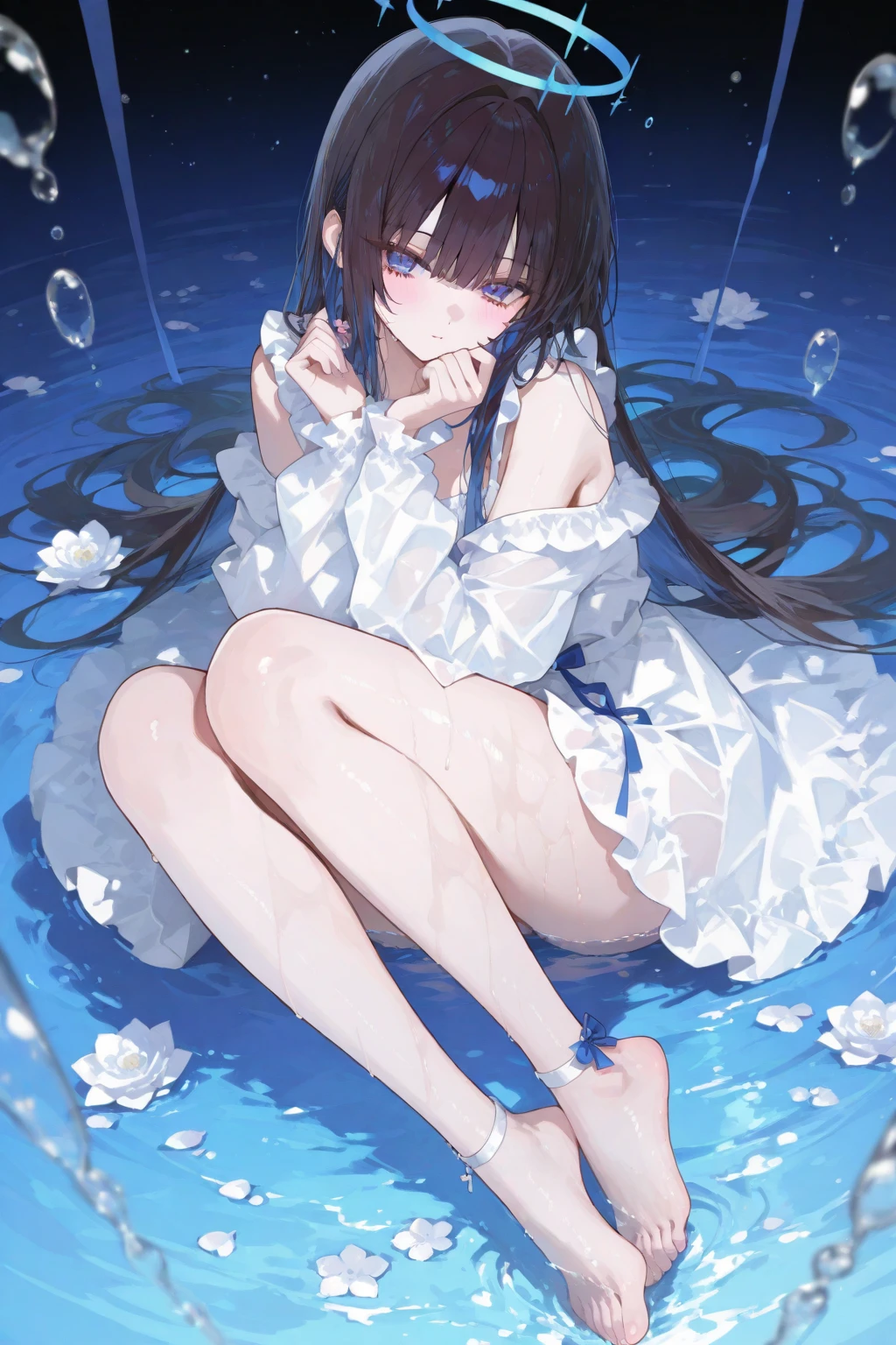 <lora:Glowing_beach:0.6> girl looking at viewer, The beach glowed rainbow, The water glowed rainbow, colorful lighting,
<lora:ichijou_hotaru-pony-v1:0.7> ichijou hotaru, non non biyori,
brown eyes, black hair, long hair, hair between eyes, middle breasts, sensitive smile, blush,
partially submerged, (wet, wet body, wet hair, wet drop:1.4),
(lying:1.4), lying on side, (on side:1.4), in water, in ocean, from side,
two-tone hair, colorful summer dress, sandals, glowed dress, shinning dress, 
blighting dress, flowing transparent dress, skirt lift,
midnight, shooting star, starry sky, sparkles, sky, milky way, (aurora:1.2),
(masterpiece), best quality, extremely detailed, ultra-detailed, nsfw,
official art, extremely detailed CG unity 8k wallpaper, perfect lighting, cinematic lighting,