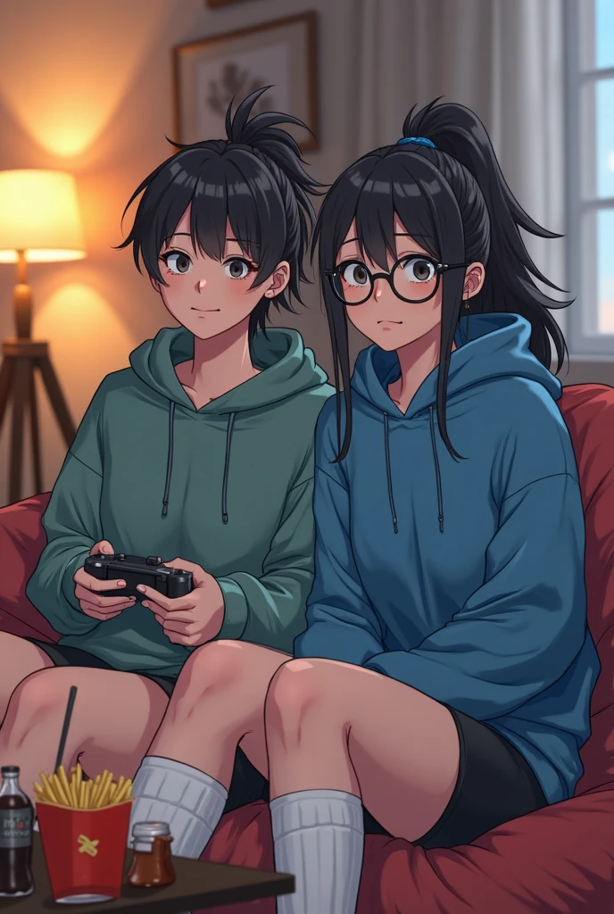 The girl (realistic face, angry expression) is sitting in the room (there is a TV, bed, chair) and there is a girl friend (real face, happy expression) they are both sitting next to each other.