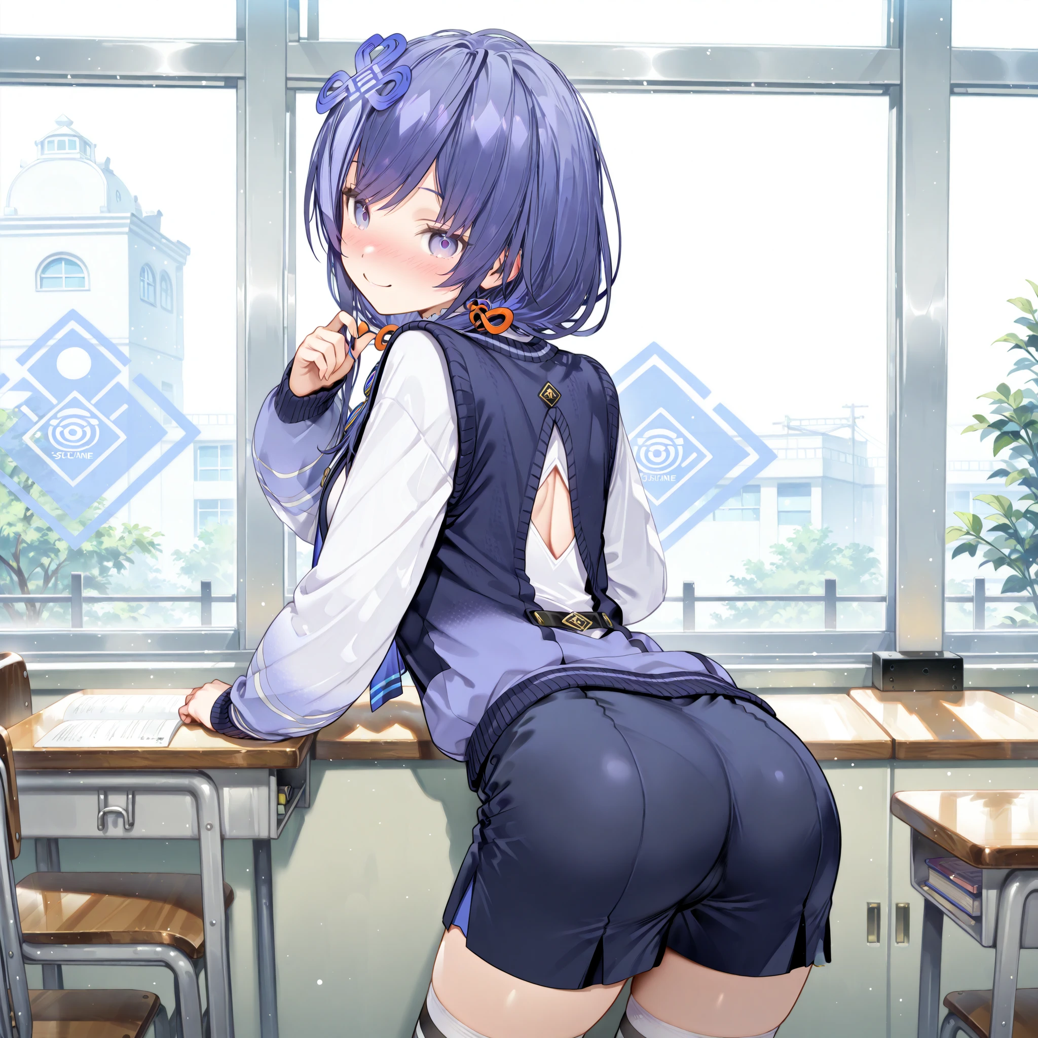 Ayane, 1 girl, smile, blush cheeks, classroom,  10 years old, primary school student, , , camisole, hot pants, Wearing a red randoseru backpack, (randoseru backpack:1.2), cross your arms behind your back,