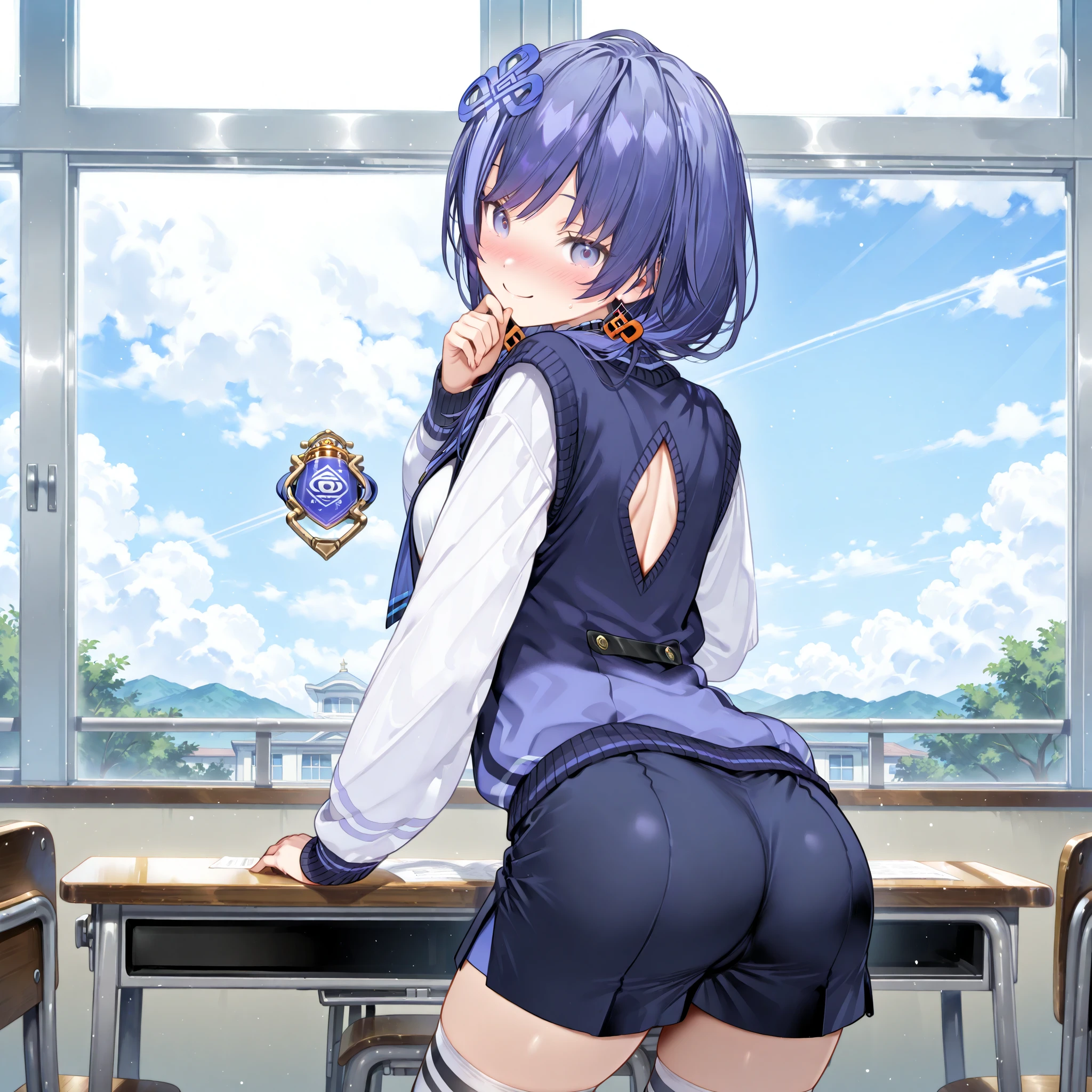 (8K、top-quality、​masterpiece:1.2)、(realisitic、ultra-detailliert、超A high resolution,beautifull detailed face,perfect body,perfect lighting,constriction,beautiful detailed skin,skin texture,(((portrait))),(1giri,very short hair:1.5,purple hair,red eyes,glasses,headphone),(school uniform,purple bow tie,collared shirt,off shoulder,purple,jacket,partialy unzipped,long sleeves,sleeves past wrists,pleats skirt,black skirt,clothes around weist,black loafers),put hands on desk,ass up;1.0,in classroom,(panty,pink),smile:1.0,angle from below:1.5,behind view