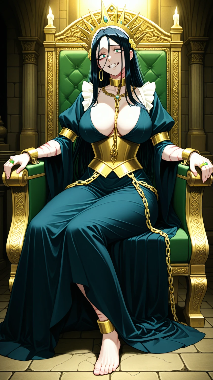 a beautiful and seductive woman with the face of the reference image, sitting on an ornate throne chair, wearing a dark blue military uniform in Prusian Blue tone, details on the clothing in highly detailed aquamarine green, 8K, Masterpiece artwork, cinematic lighting, dramatic pose, Bright dark, details Intricate, rich colors , chic, majestic, arrogant look from top to bottom, mighty, age between 30 and 40 years, don't wear a skirt, wears pants