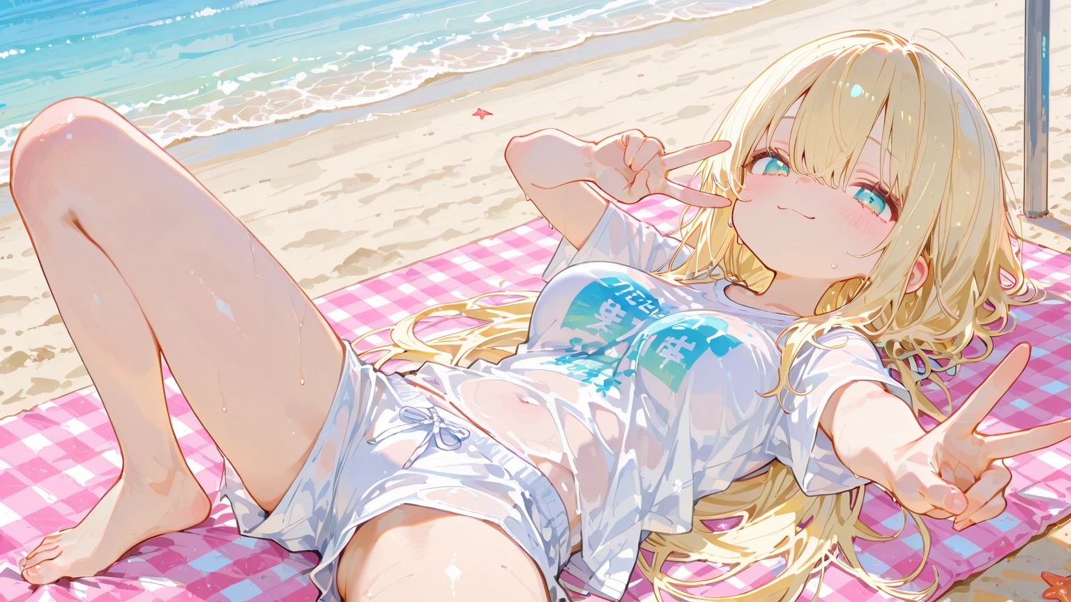 A cute kpop girl with a smile, long blonde hair, and wearing a one piece swimsuit is sitting on a chair on the beach. The beach is filled with soft sand and there is a sandcastle built nearby. A beach ball is bouncing in the air and an umbrella is providing shade. The cute girl is wearing a tight and wet diaper, indicating that she may have just had a fun time in the water. The diaper is full and slightly soiled, showing the joyful and carefree nature of the scene. The overall image should be of the highest quality, with an ultra-detailed and photorealistic rendering. The colors should be vivid and the lighting should capture the warm and bright atmosphere of a summer day on the beach.