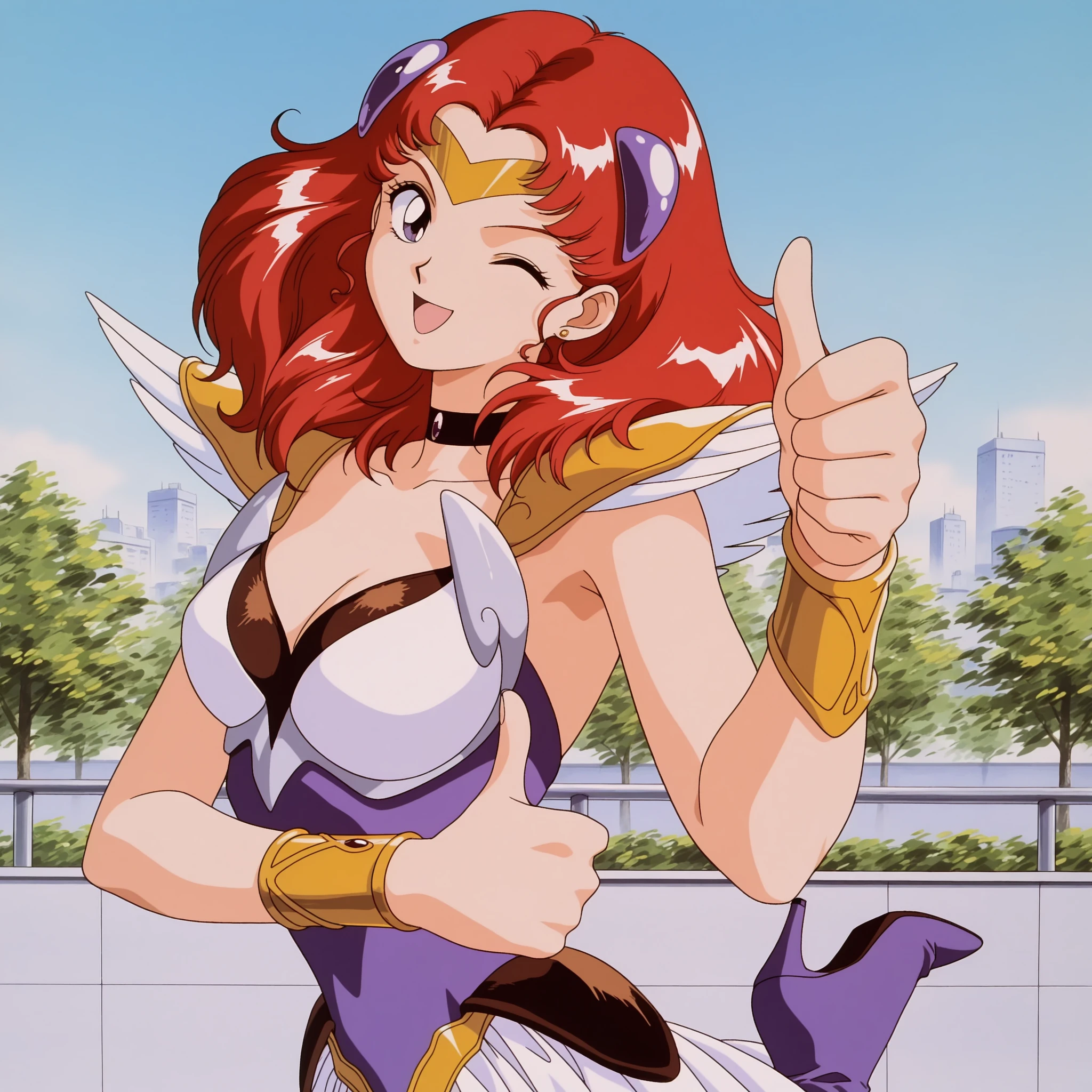 (masterpiece, upper body view, crimson strapless leotard, (slim shoulders), leaning back, 4K, Best Quality, Anime style: 1.9, happy, Adult Woman, ultra detailed face, (cloud background, white skin), Drawing lines, high resolution, Anime, lacus4), 1girl, Solo, curvy figure, Long hair, 鎖骨, scapular, (Detailed wide hair bangs, Hair Ornament, Detailed reddish-pink hair, shiny streaks, slim arms, golden crest), cleavage, large hands, (female wrestler). (Big blue eyes, shiny eyes), ((female wrestler, (slim body), little biceps, slim arms, closed fists, thighs)), ((perfect proportions, medium breasts, long belly)), (((strapless, crimson strapless leotard, crimson strapless leotard, arm band, neck band))), happy, smile, (standing, looking at the viewer), detailed fingers, (bare shoulders)