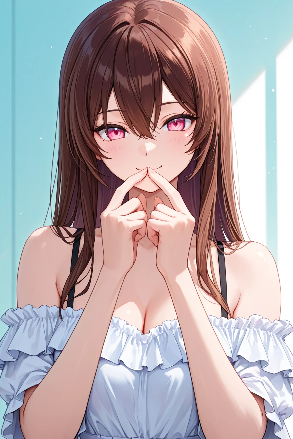 fille italienne, 17 ans, long wavy brown hair loose, mince, allongée sur un lit, porter une chemise de nuit, Facing the camera, sensually sucking a finger, very slightly light purple eyes
