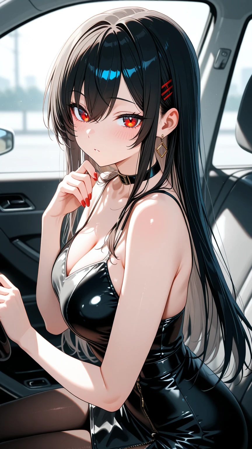 One person, High resolution, High resolution, masterpiece, Anatomically correct, accurate, Winner of numerous awards, Textured skin, Retina, Black Hair, Split Ponytail, Slim Body,Slanted Eyes, Contempt/angry gaze, Wide-angle shot, Barrette, Anaglyph, Unreal Engine, Black Mini Cheongsam,Rear seats of a minivan,ローティーン,ノースリーブ