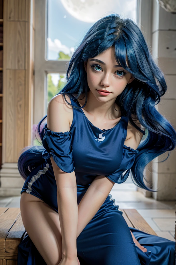 Make a realistic female beaver with a long blue wig. She is sad sitting in the room.