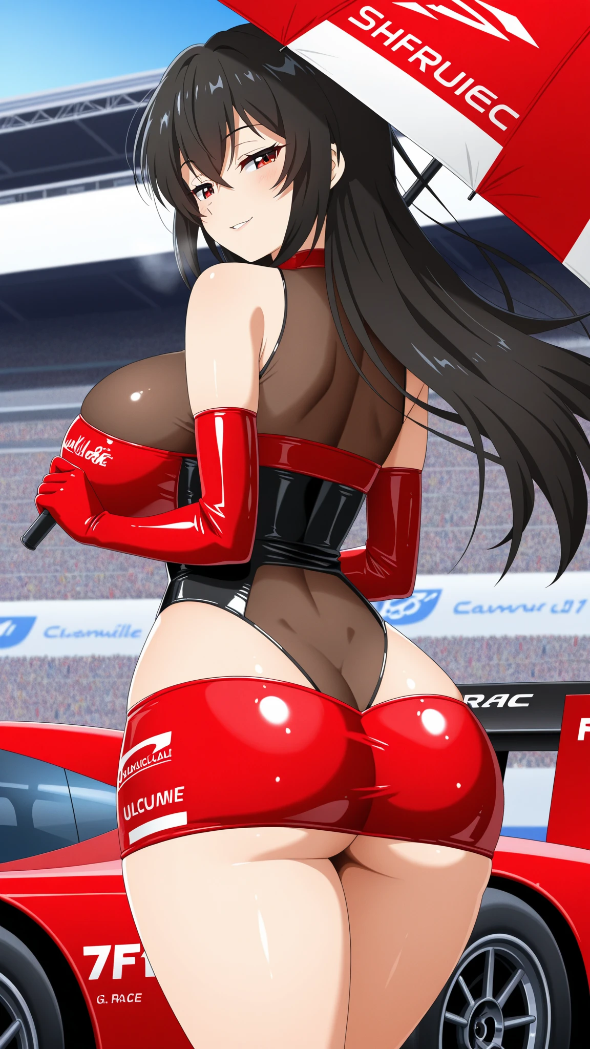 rqreimu,1girl,solo,standing,full body,bare shoulders,black hair,long hair,brown eyes,smile,breasts,medium breasts,navel,thighhighs,(red thighhighs:1.2),(red footwear:1.1),high heels,high heel boots,ribbon,hair ribbon,leotard,highleg leotard,detached sleeves,white sleeves,race queen,outdoors,(motor vehicle:1.3),road,(circuit:1.2),circuit board print,(Formula One:1.4),<lora:Reimu_Racequen_V1.00:0.7>,