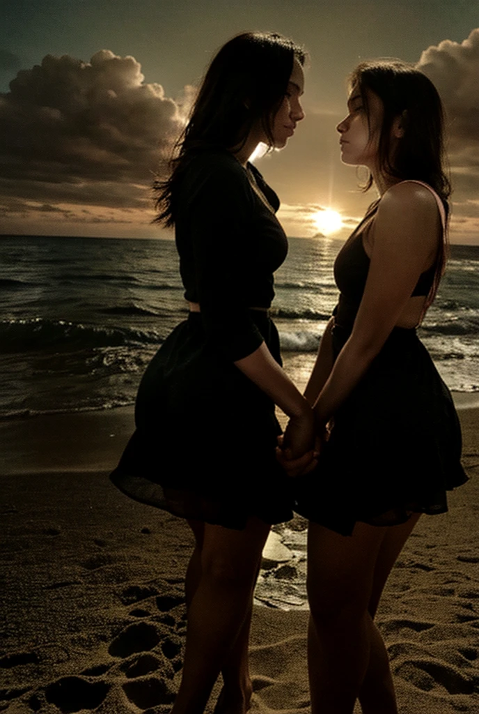 generates an action scene where a couple of lovers (a handsome afroamerican man with short haircute and a beauty Latin woman with dark chocolate skin and a nice body with curves, round breasts and firm, wide and generous hips, a black dress with a low neckline) meet in a boardwalk facing the sea, warm colors, be creative and achieve a book cover image.
