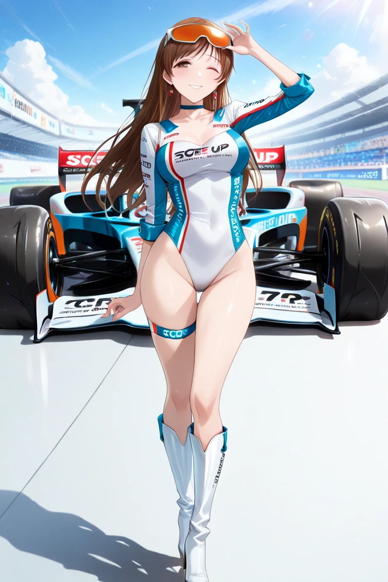 (masterpiece:1.2), (best quality:1.2), (very aesthetic:1.2), (absurdres:1.2), (detailed background),newest,ai-generated, (((solo))), Masterpiece,(share),Open your legs towards the viewer,One cute girl, Highest quality,High resolution,High resolution,Highly detailed CG,8K Unit Wallpaper,25 years old,Beautiful attention to detail,small Breasts,Bobcut,Biomechanical OPPAI,Grid girl posing on the circuit,No sleeve,,(Shiny body:1.3),Open your mouth, blush, Sweat,Embarrassed,sexy,(visible nipples:0.7),(camel toe:0.3),Dark Hair, competition swimsuit,,((sit)),