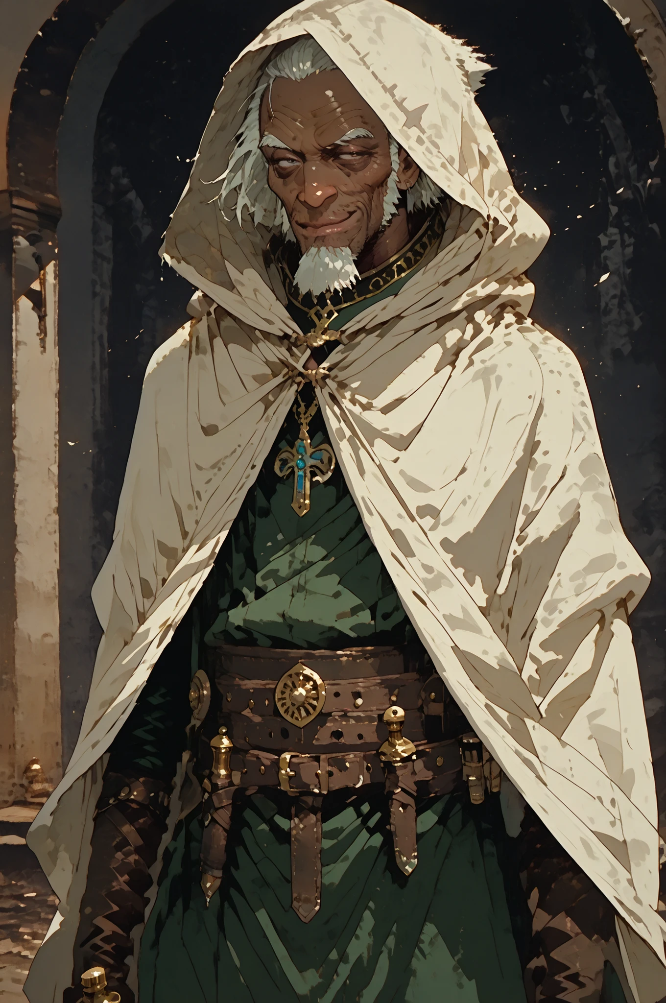 Solo; 1 man, mature man, half_aged man, African skin, wears a hooded cloak that drapes over a rugged tunic, giving off a medieval or fantasy vibe, straps and cartridge-belt wrap around the waist, securing bottles and injections . The chest area of the garment is notably worn and frayed, a disguised smile in expression, color palette adds depth to the scene, evoking a sense of musticism and mystery