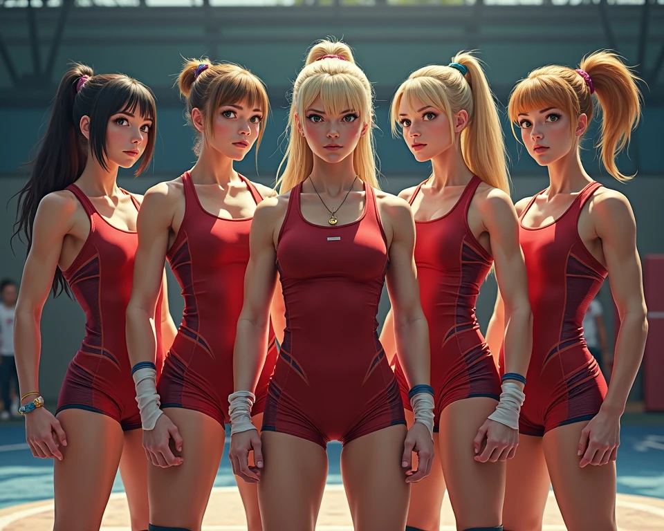 A Swedish women's volleyball team (age 20, blonde hair, blue eyes, smoking hot), with a secret agent male bodybuilder in an outfit matching the women, are visiting China.

The scene unfolds with the Swedish women's volleyball team standing together on a vibrant volleyball court. The court is surrounded by a large crowd, cheering and clapping as the players prepare to showcase their skills. The team members, all aged 20, have flowing blonde hair and captivating blue eyes that enhance their stunning appearance. Their attractiveness adds to the excitement of the onlookers.

Each member of the team exudes confidence and athleticism, with toned bodies reflecting their dedication to their sport. Their outfits are sleek and stylish, designed to emphasize their physical prowess. The female athletes radiate elegance and exhibit a strong bond as they stand side by side.

Accompanying the Swedish women's volleyball team is a secret agent male bodybuilder. He blends seamlessly with the group, wearing an outfit that matches the women's attire. His muscular physique, honed from intense training, is a testament to his discipline and strength.

The backdrop of the scene is beautifully set in China, with iconic Chinese landmarks visible in the distance. The team's presence in this captivating country symbolizes the global appeal of the sport and their ability to transcend borders.

To capture the essence of this image, the prompt incorporates various elements related to image quality, artistic style, color tone, and lighting. It begins with a focus on achieving the best quality and high resolution, ensuring every detail is crisp and clear. Ultra-detailed descriptions bring out the intricacies of the characters' facial features and physiques. The prompt calls for a realistic and photorealistic rendering of the scene, emphasizing the desire for an authentic representation of the subject matter.

To enhance the overall aesthetic appeal, the prompt suggests adding vibrant colors, reminiscent of the vivid landscapes and cultural diversity of China. The lighting should be carefully considered, creating a harmonious balance that accentuates the athletes' beauty and highlights their movements on the volleyball court.

In summary, the prompt revolves around a visually captivating scene incorporating a Swedish women's volleyball team and a secret agent male bodybuilder, visiting China. The prompt focuses on the quality of the image, the artistic style, the colors, and the lighting to ensure a visually stunning and attention-grabbing result.