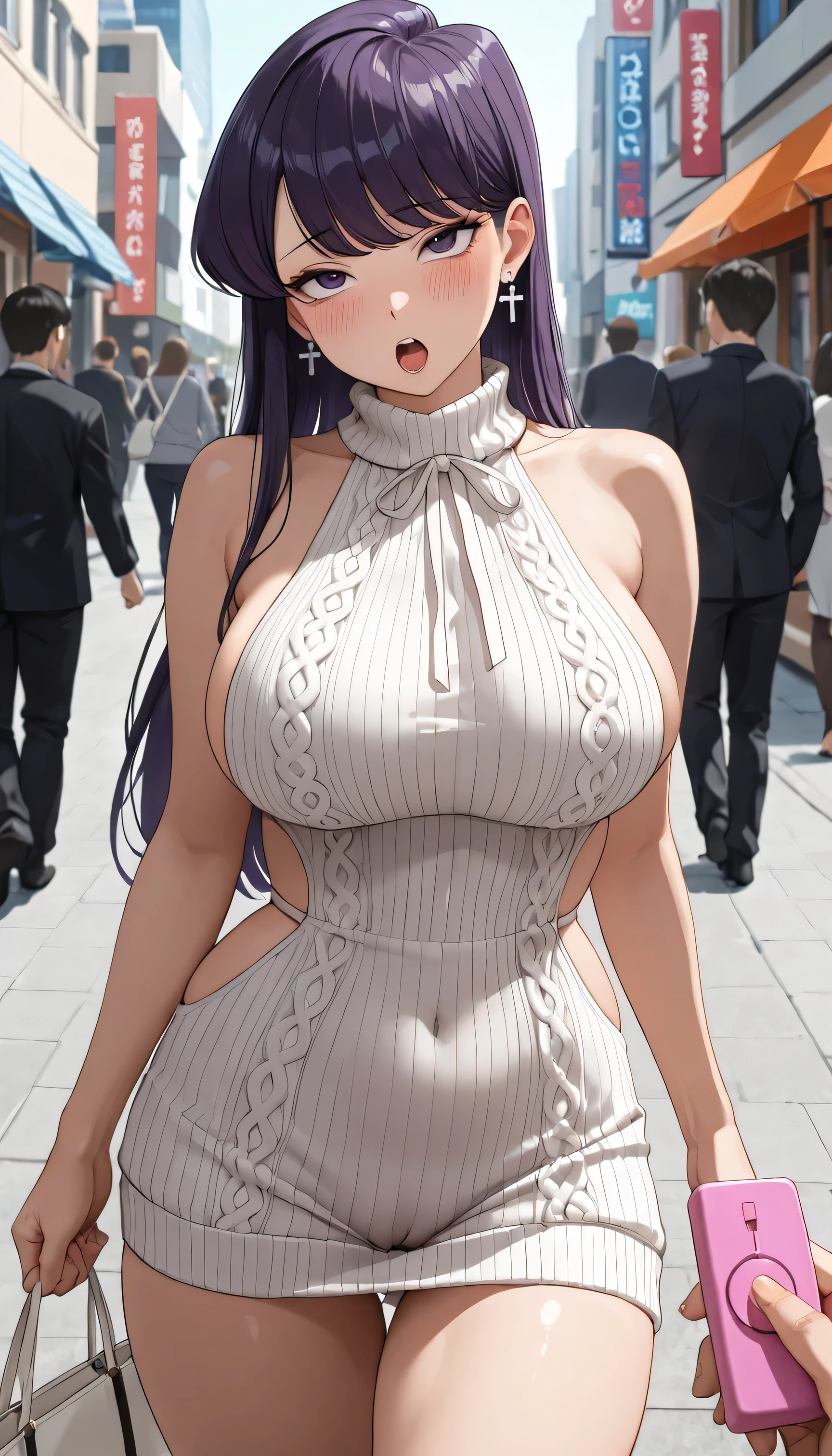 close up, walking, outdoor, very cute face, cute girl, , (long purple hair)), ahegao, blush, large breasts,cross pierce earring, blush, curvy beauty, tight waist, white virgin killer sweater ,waist cutout,cameltoe, head tilt, cowgirl shot, flawless smooth skin,masterpiece, top quality, warm color, high fashion, absurdres extremely, vivid colors, HDR, intricate details、 ,Komi Shouko, holding a white bag,tangue out, open mouth, orgasms,motion lines,sound effects ,side breasts , people , pov_holding_remote , vibrator under clothes ,anime