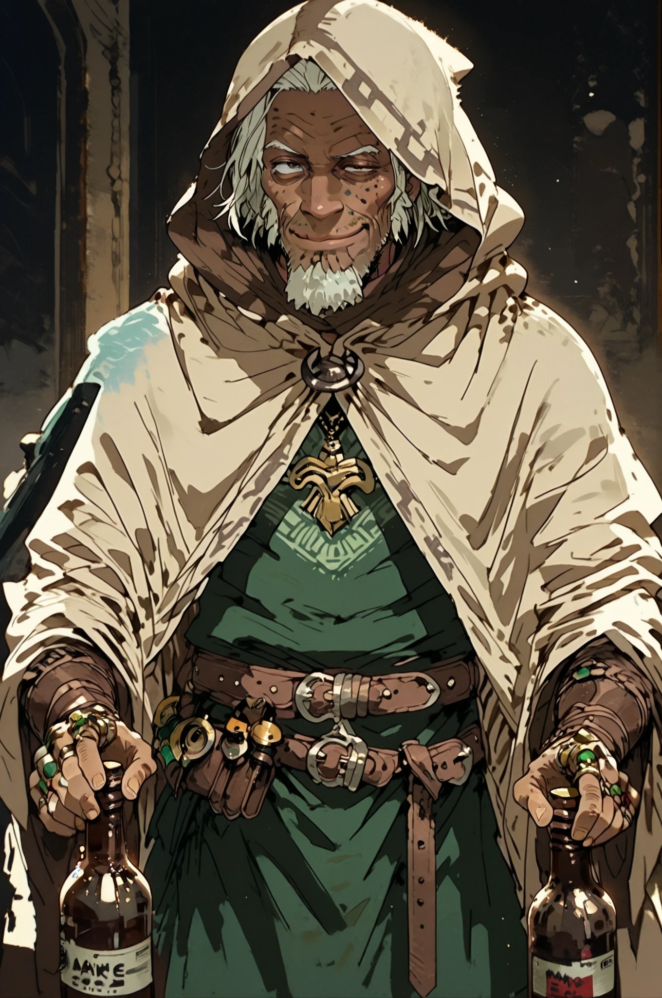 Solo; 1 man, mature man, half_aged man, African skin, wears a hooded cloak that drapes over a rugged tunic, giving off a medieval or fantasy vibe, straps and cartridge-belt wrap around the waist, securing bottles and injections . The chest area of the garment is notably worn and frayed, a disguised smile in expression, color palette adds depth to the scene, evoking a sense of musticism and mystery