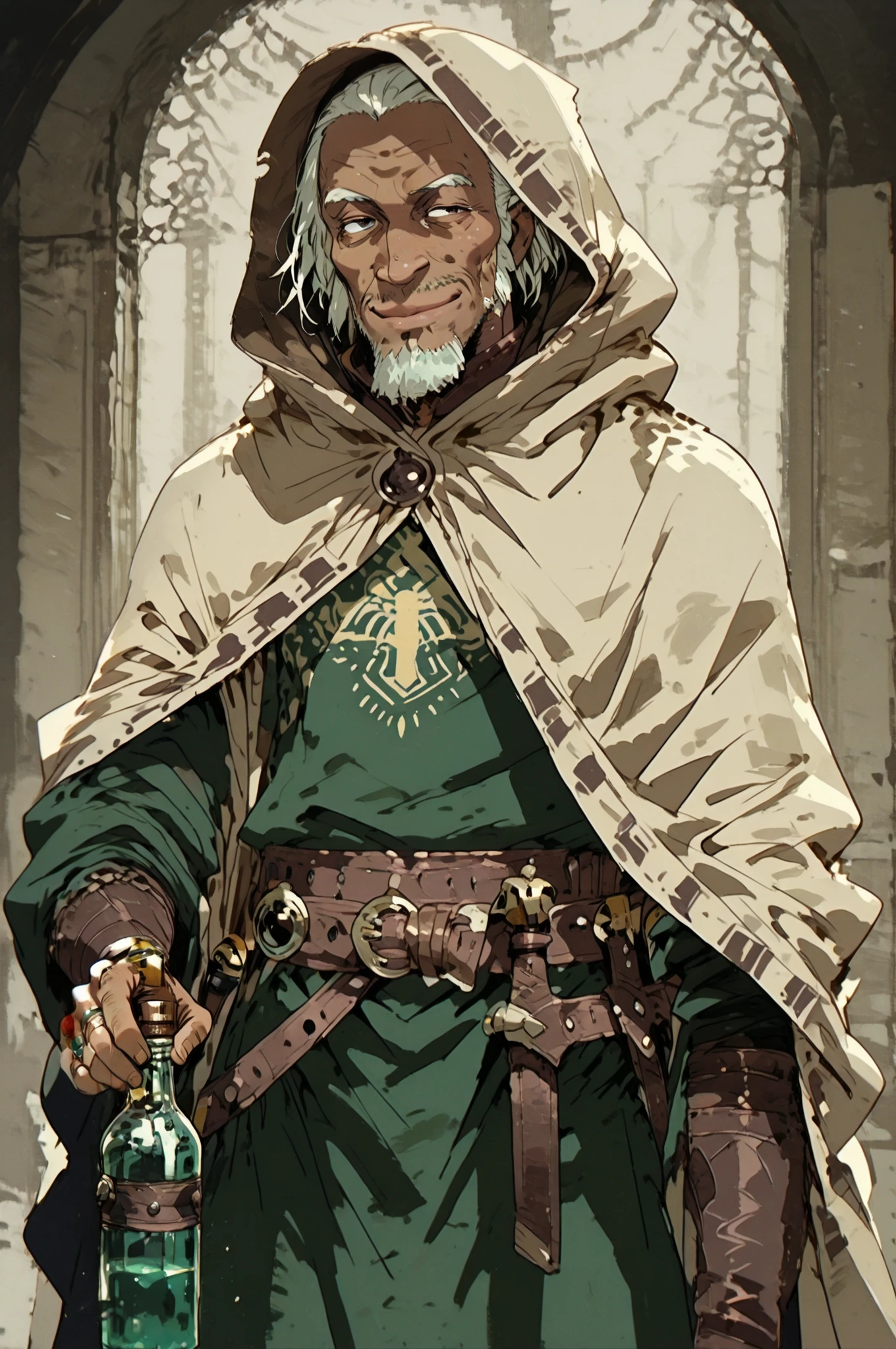 Solo; 1 man, mature man, half_aged man, African skin, wears a hooded cloak that drapes over a rugged tunic, giving off a medieval or fantasy vibe, straps and cartridge-belt wrap around the waist, securing bottles and injections . The chest area of the garment is notably worn and frayed, a disguised smile in expression, color palette adds depth to the scene, evoking a sense of musticism and mystery