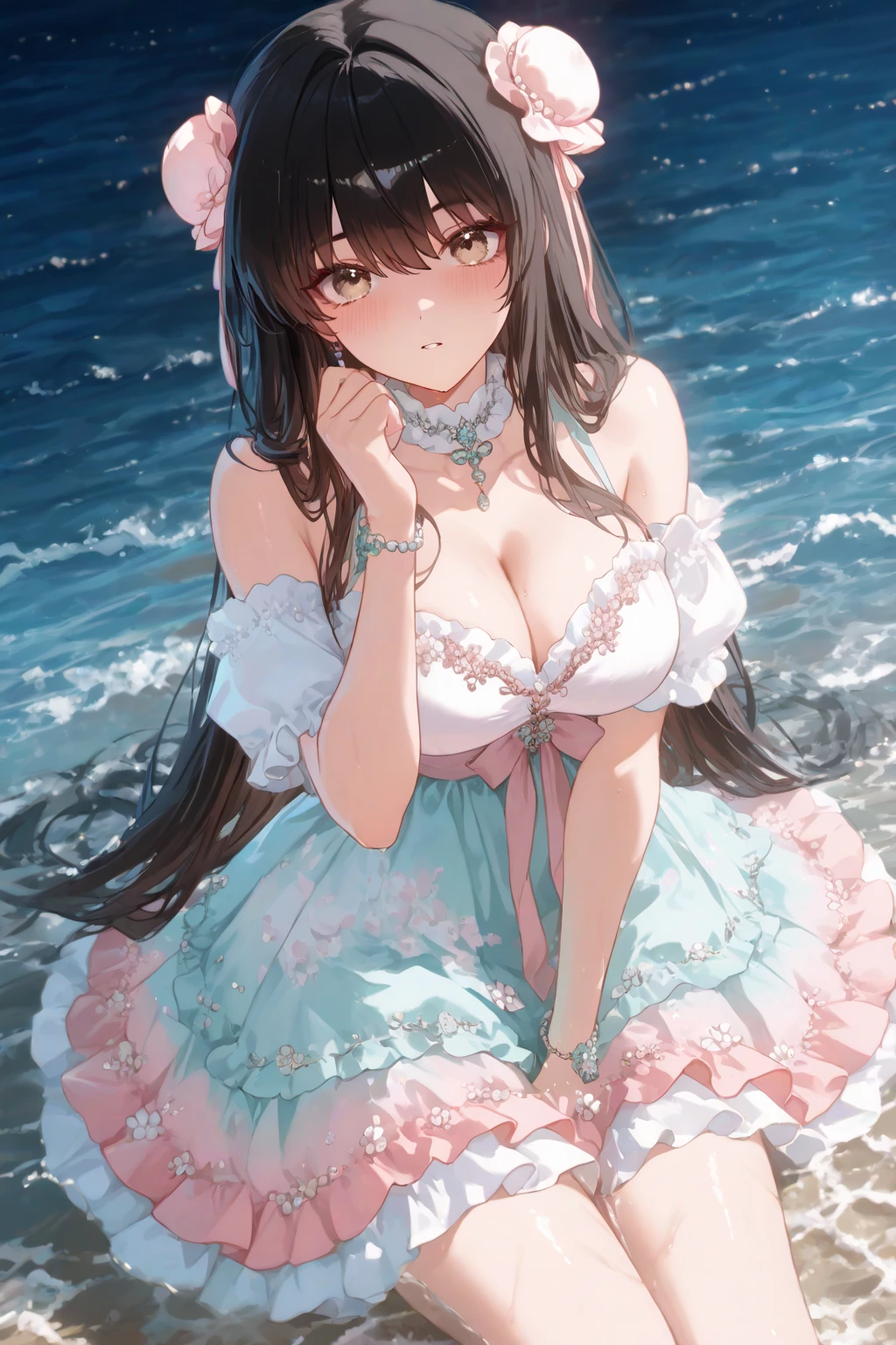 high quality, masterpiece, super detailed, 1 girl, extremely detailed faces, Christmas white lace latex bunny girl,White gloves,white stockings,BDSM,handcuffs,collar,Calm expression,Smile,handcuffs,collar,long black hair, Charming pink eyes, fox ears, ridiculously big, skin shiny, Sitting in a sea of flowers,A sea of gorgeous flowers,grassland,seaside