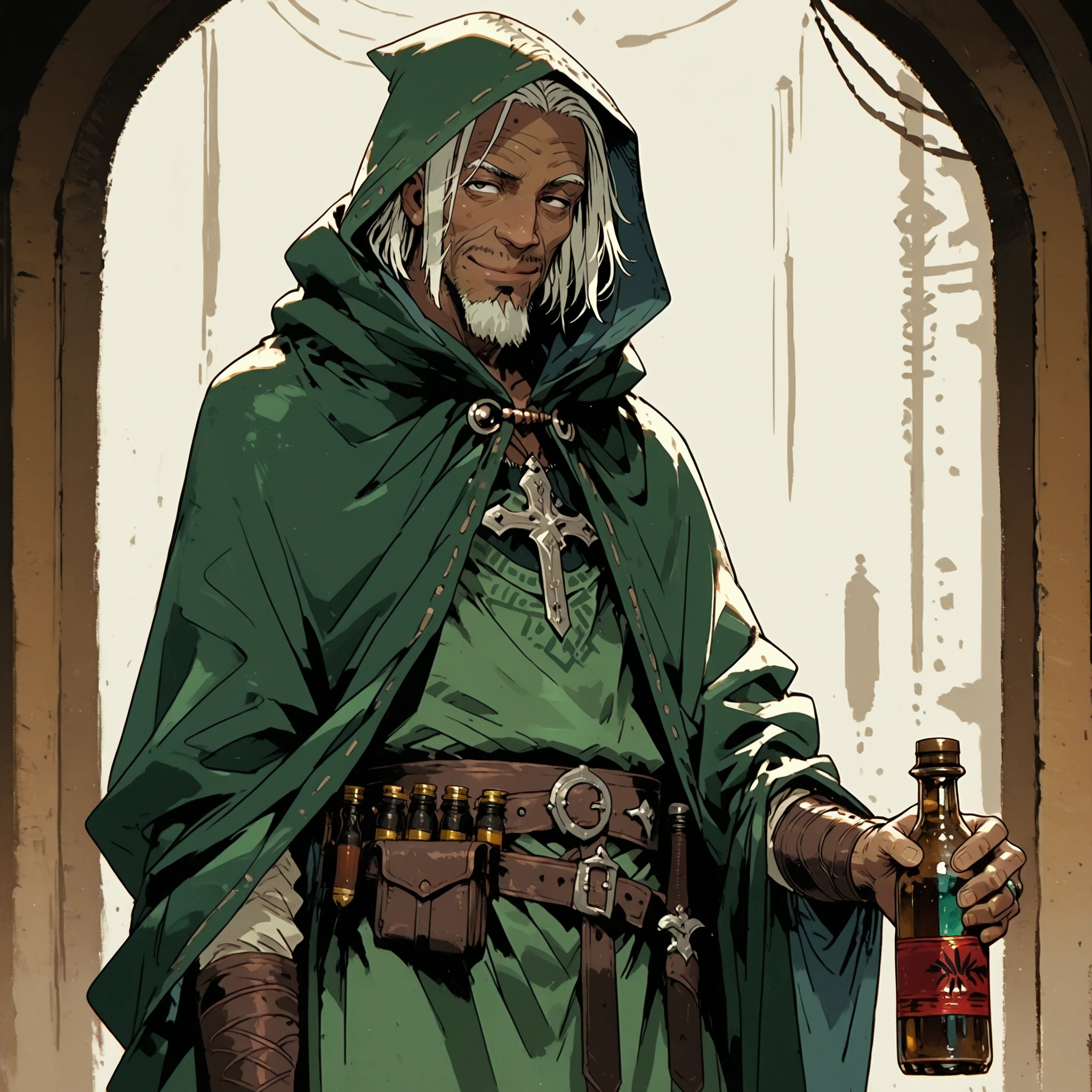 Solo; 1 man, mature man, half_aged man, African skin, wears a hooded cloak that drapes over a rugged tunic, giving off a medieval or fantasy vibe, straps and cartridge-belt wrap around the waist, securing bottles and injections . The chest area of the garment is notably worn and frayed, a disguised smile in expression, color palette adds depth to the scene, evoking a sense of musticism and mystery