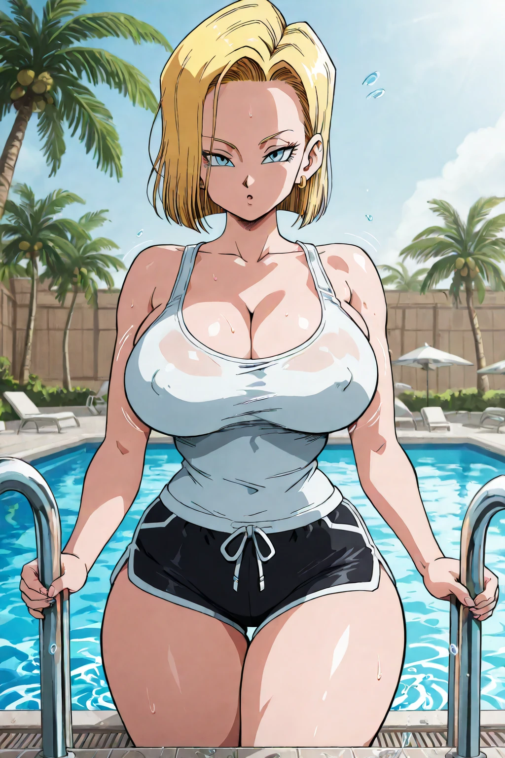 Dragon Ball, Android 18, 1girl, ((bimbo))), short blond hair, blue eyes, puffy lips, painted lips, thick lips, smile face, wide hips, thick thighs, enormous round fake breast, huge round Bella bellz ass, shiny skin, high waist pink bikini, nipples, in the pool,