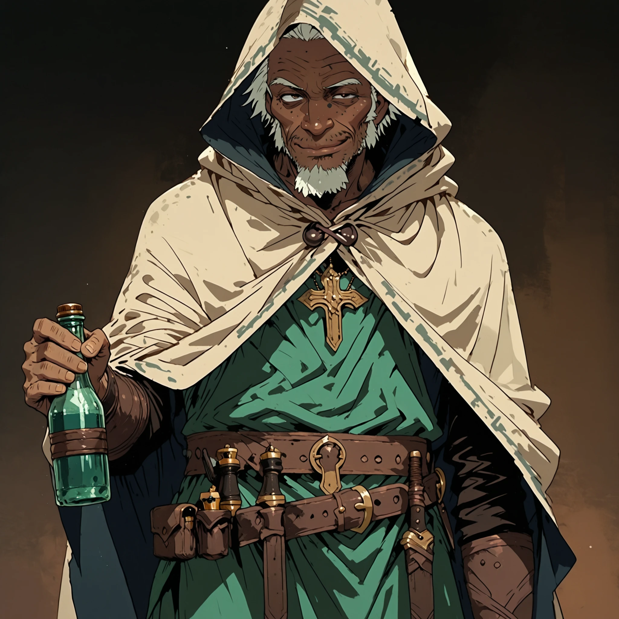 Solo; 1 man, mature man, half_aged man, African skin, wears a hooded cloak that drapes over a rugged tunic, giving off a medieval or fantasy vibe, straps and cartridge-belt wrap around the waist, securing bottles and injections . The chest area of the garment is notably worn and frayed, a disguised smile in expression, color palette adds depth to the scene, evoking a sense of musticism and mystery