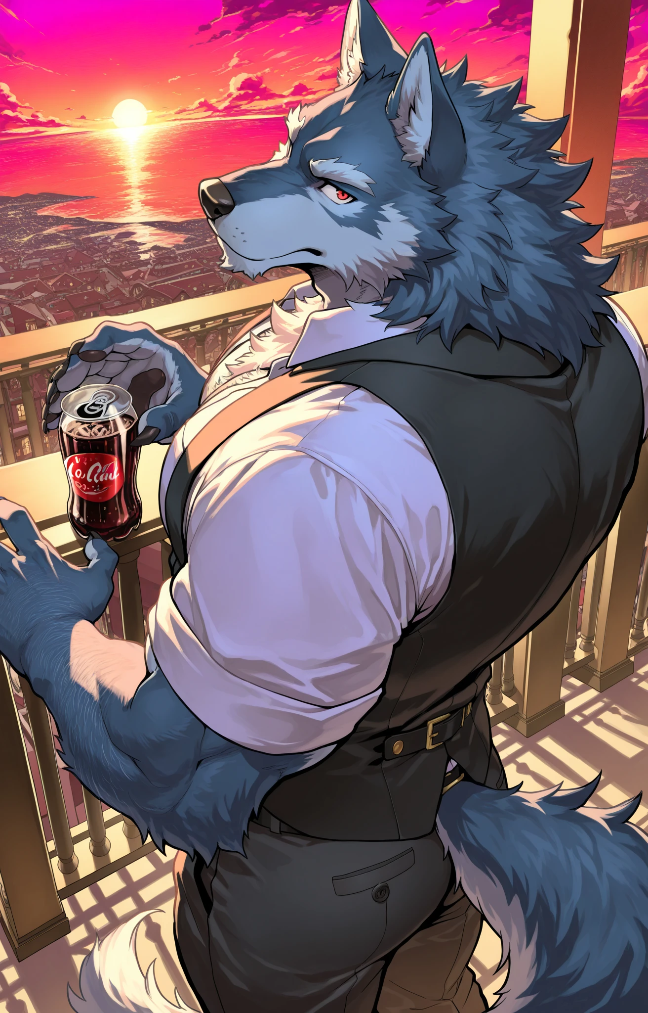 masterpiece,high quality,Japanese cartoons,Delicate eyes,Furry male gray wolf, law, Great physique,Strong arms are manly, In the van, Selling popcorn, Wearing black gloves, Daytime sky, trumpet, Seller litigation, Happy, Blushing, Flashing Lights, through empty ghost,Pino Deheny