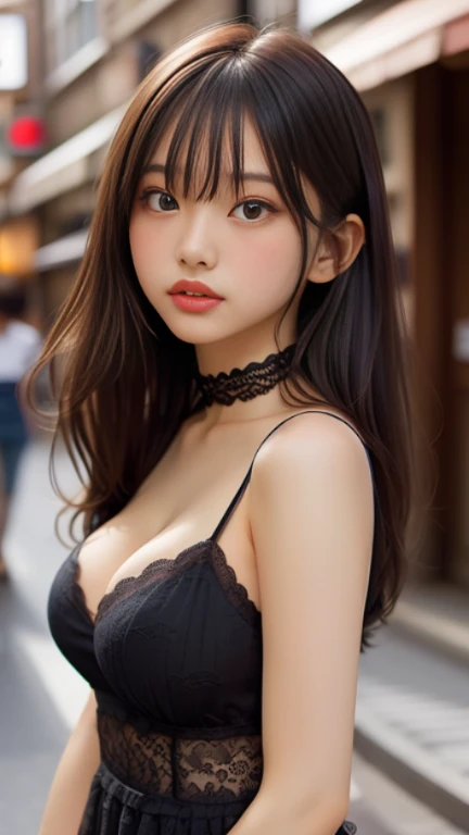 (8kで、Live Shooting、Highest quality、Genuine、Realistic、Professional Lighting、masterpiece、Very delicate and beautiful、Very detailed、The finer details、Very detailed、High resolution、Beautifully detailed face、bangs、Brown Hair、 Fair skin:1.2, Sexy beauty:1.1, (RAW shooting, フォトGenuine:1.5, 8k, Highest quality, masterpiece, 超High resolution),(RAW shooting:1.2)、(Realistic:1.4)、(masterpiece:1.3)、(Highest quality:1.4)、(Beautiful woman with perfect body:1.4)、Young Japanese women、(really beautiful:1.2)、(Mid-breasted:1.3)、(Slender and beautiful)、7 heads、(Sexy model pose with protruding breasts:1.3)、(Beautiful and detailed)、(Attractive big eyes)、(Beautiful double eyelids)、(Beautiful and elaborate face)、(Brown Hairロングヘア、bangsあり:1.3)、斜めbangs、Look at the viewers、Look straight ahead、(Sexy skimpy black gothic dress、Sleeveless、Micro Mini:1.3)、(((reveal, A sexy black gothic dress that only covers the nipples)))、(Beautiful thighs)、(In the middle of Shibuya, Tokyo)、