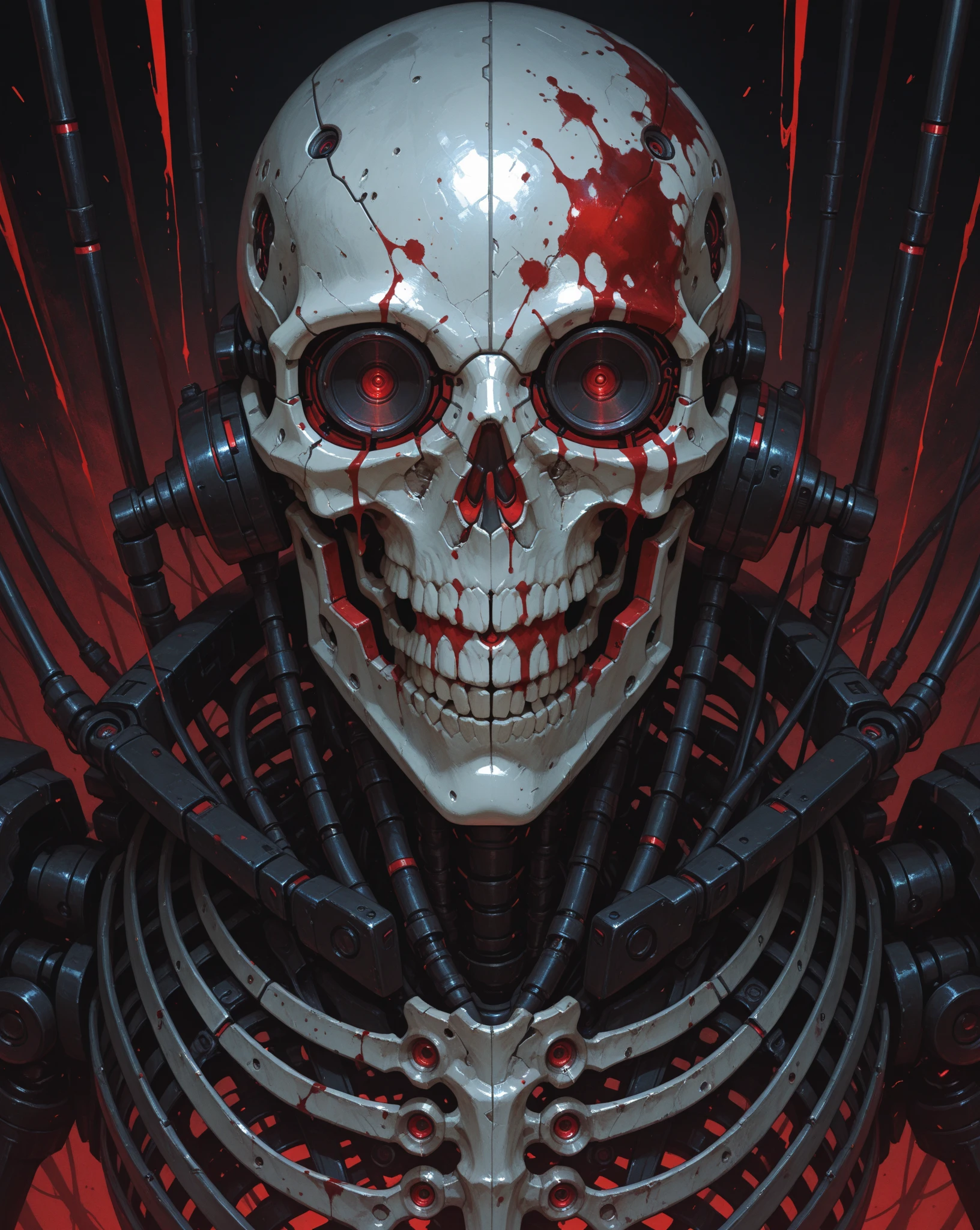 (masterpiece, top quality, best quality, official art, beautiful and aesthetic:1.2),  extreme detailed,colorful,highest detailed ((ultra-detailed)), (highly detailed CG illustration), a beautiful  super-realistic ukiyo hyper detailed, best quality, 8k manga colored, world prestige artist,  digital illustration realistic sci-fi,terror ((guro))  painting of uncovered skull, unified theory biomecanism exposed, vivid flesh exposure visible brain, human brain with exposed wires ( h g giger skull:1.2), detailed cyborgzitation body, horror body, ((guro)) neck of hoses flesh and blood tubes mechanikal body, detailed close up portrait, concept art, by takato yamamoto, wlop, krenz cushart. cinematic dramatic atmosphere, sharp focus,( jade stone details and , red, black  palette), cinematic detailed ((an extremely delicate and beautiful)),(from side),cinematic light,((1mechanical ninja girl)),solo,full body,(machine made joints:1.2),((machanical limbs)),(blood vessels connected to tubes),(mechanical vertebra attaching to back),((mechanical cervial attaching to neck)),(sitting),expressionless,(wires and cables attaching to neck:1.2),(wires and cables on head:1.2)(character focus),science fiction,white background,(blood:1.5)
