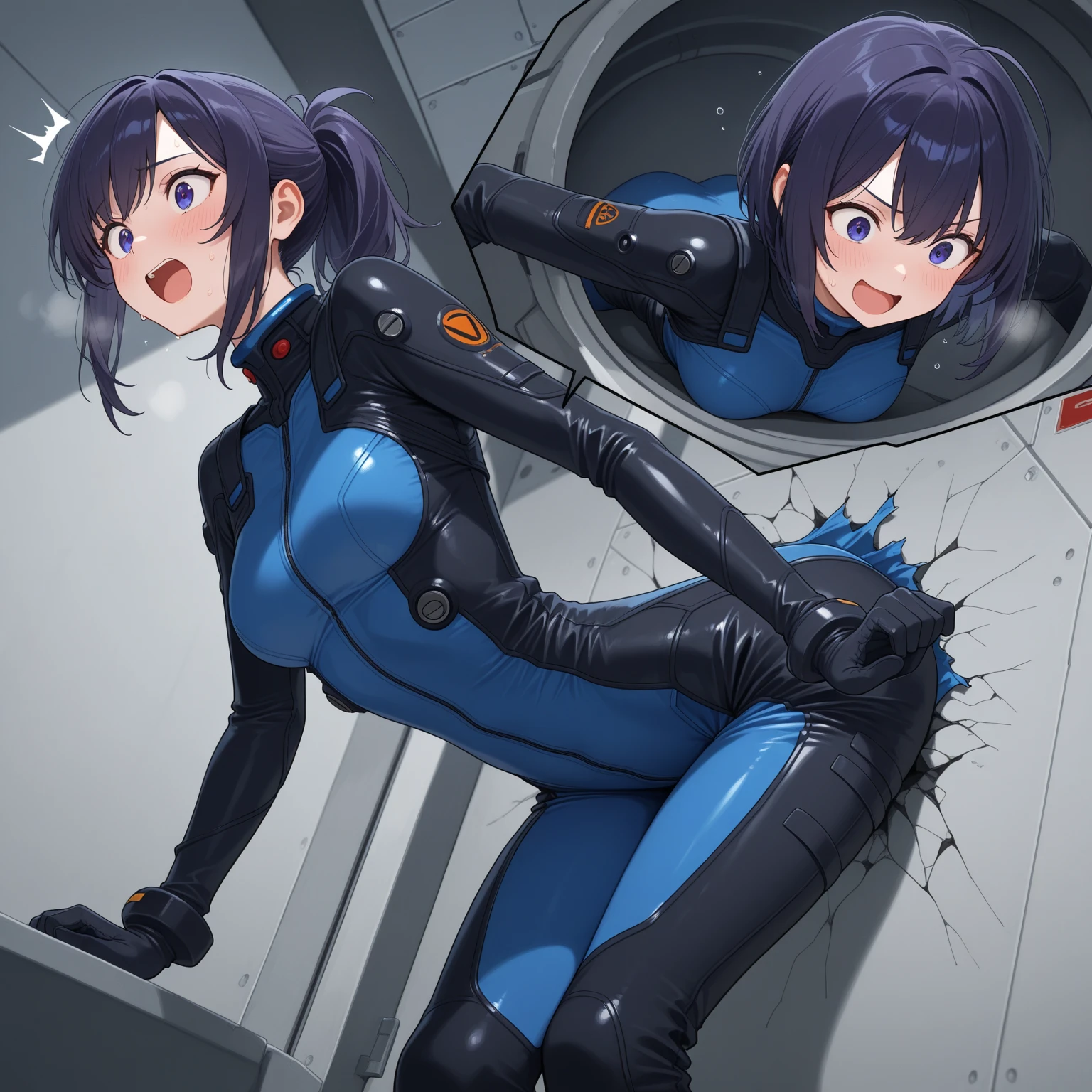 2 girl, yuri, space helmet, bubble helmet,, eva helm 2girls,sex from behind,nude, room, doggystyle,, tongue out, 2girls, saliva trail, short hair, cum on body, happy, smile, (grab
