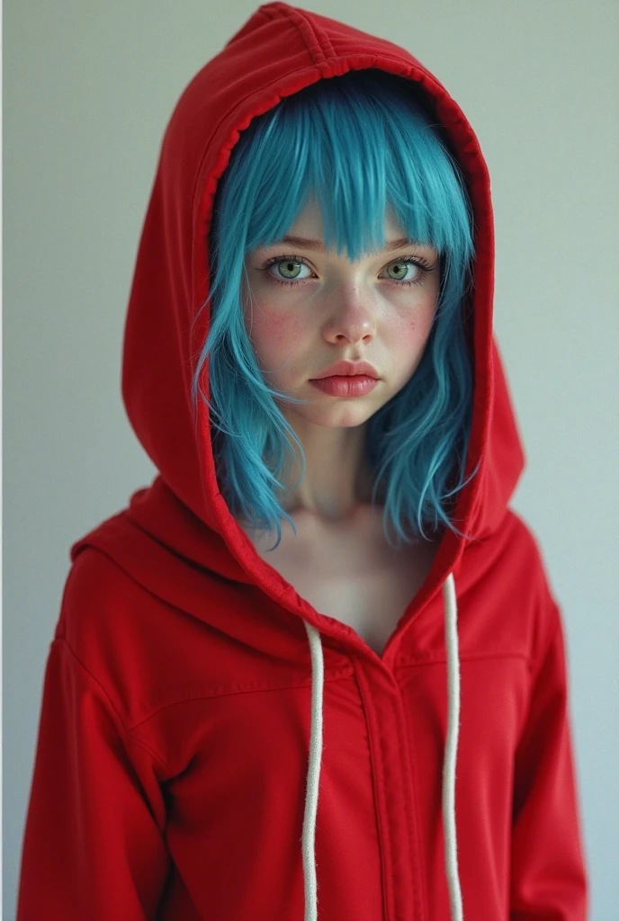 A girl with her blue hair and her one eye is blue and another eye is red. She wears a blue hoodie