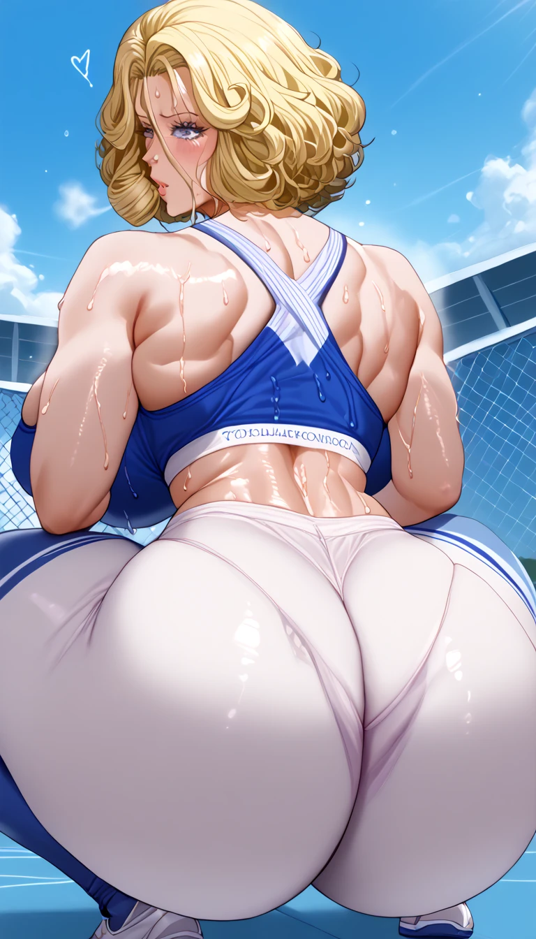 Blonde Milf, wet white bikini,  thick-thighs, big-ass, focus on the ass, intimate part marking, crotch focus