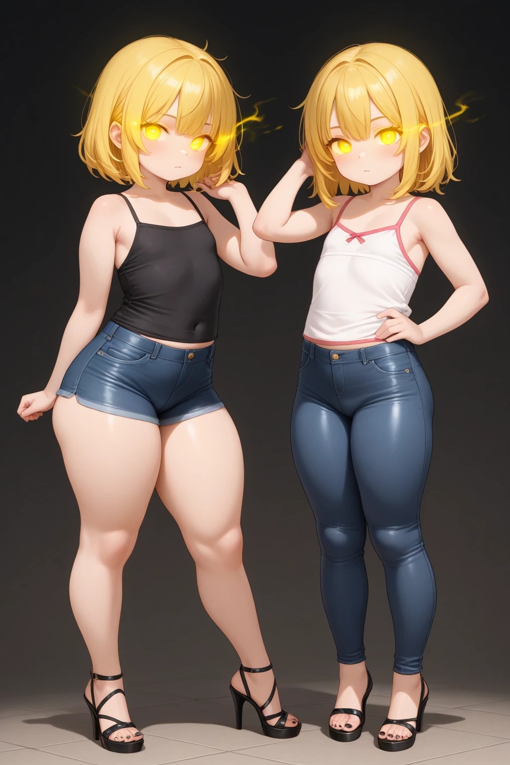 (masterpiece, best quality), 1girl, , 8 years old, baby face, small breasts, small ass, small hips, blue eyes, short ponytail hair, blonde hair, Black Crop top, Denim Very shorts, bedroom, striped thighhighs, CUTE SMILE, cute face, cute makeup, glasses, ((FOCUS WEAR BOOTS)) , hands on the hips, (((FOCUS WHOLE BODY VIEW))), (((FOCUS SIDE VIEW))), SHE IS LOOKING TO THE VIEWER.