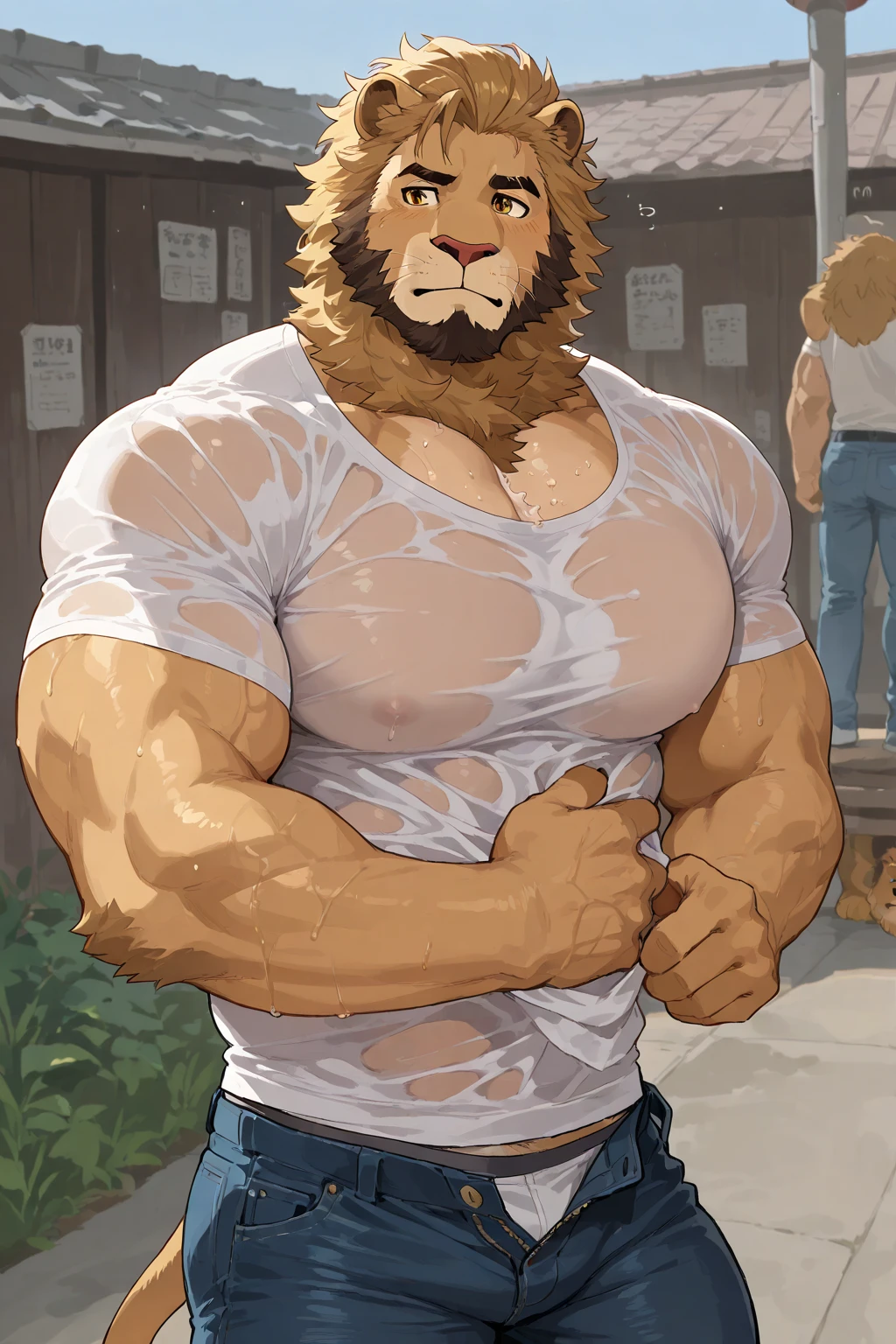 Lion, muscular, fluffy, tall, huge, (((big pecs))), handsome, t-shirt, park, (((realistic, 8k, ultra details, masterpiece)))