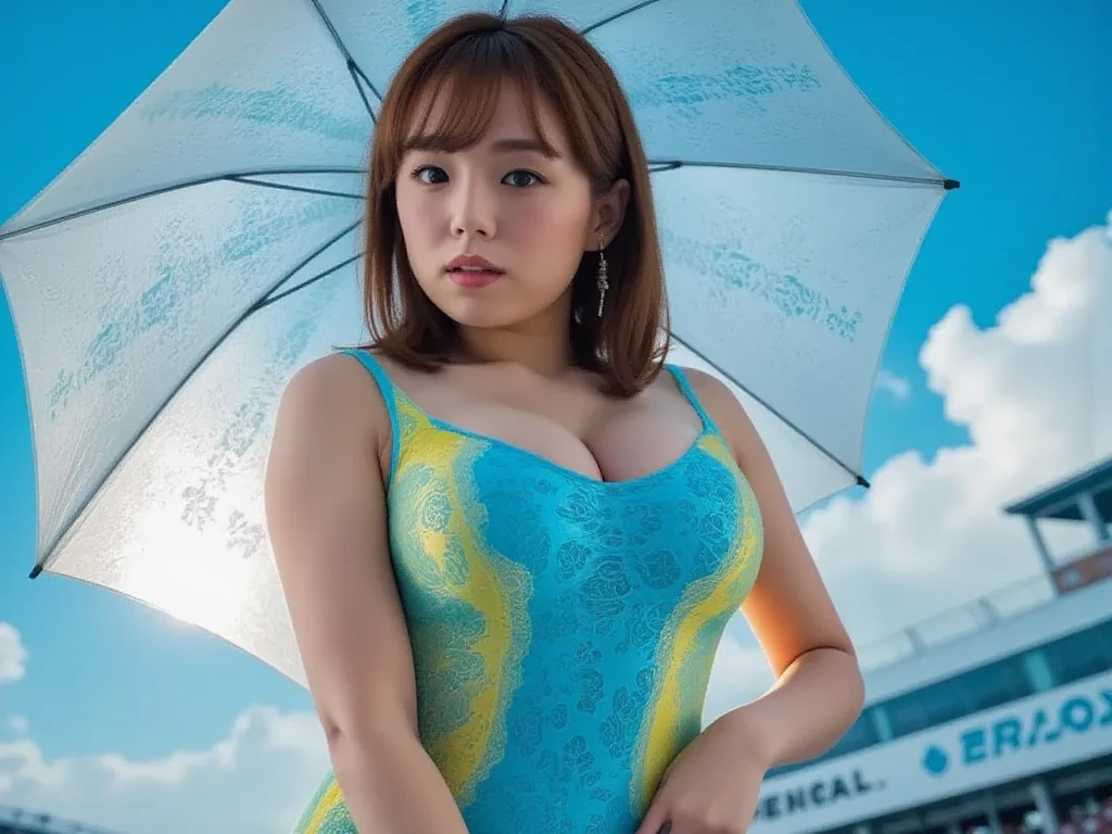 Girl, short blonde hair, red eyes, taxi driver hat, bunny ears, bunny tail, orange dress, big breasts, exposed stomach, orange shorts,
