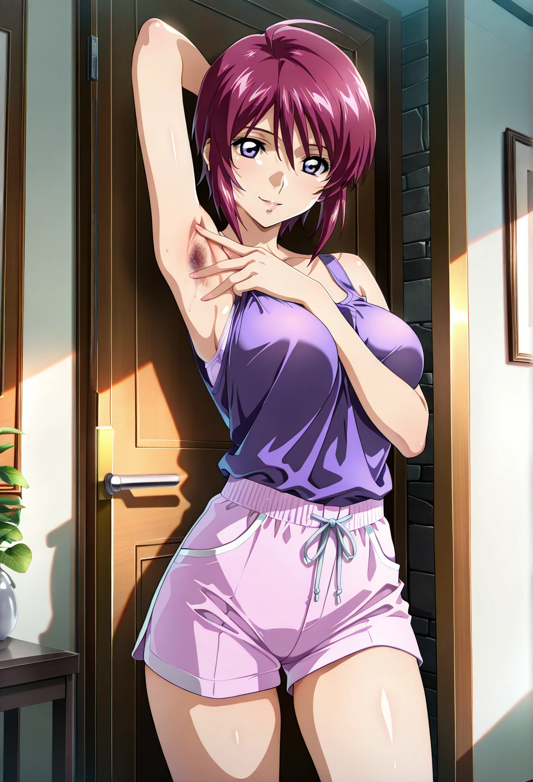 (masterpiece,best quality),1girl,akarih1080,tomboy,tank top,gym shorts,sitting,on couch,relaxed,:d,in winter chateau,indoors,  <lora:AkariH1080:0.7>, <lora:add_detail:0.8>