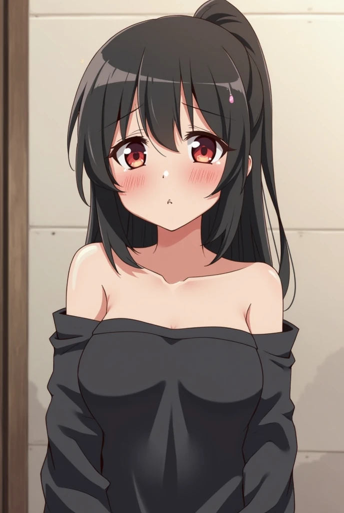 (anime art style:0.1), 2d, masterpiece, best quality, (very aesthetic:1.5), absurdres, dynamic shadows, atmosferic, (kitagawa marin), (1girl), ((black hair)), bob cut, short hair, (red eyes), sparkle eyes, detailed eyes, eyelashes, ahoge, hair between eyes, bangs, medium breasts, cleavage, makeup, lipstick, (curvy body), big thighs, ((ahegao)), tongue, ((saliva)), black dress, lace-trimmed thighhighs, garter straps, covered nipples, ((cowboy shot)), looking at viewer, wariza, sitting, spread legs, ((hands on own breasts)), ((cum)), (from above), plaza, city, seat, people