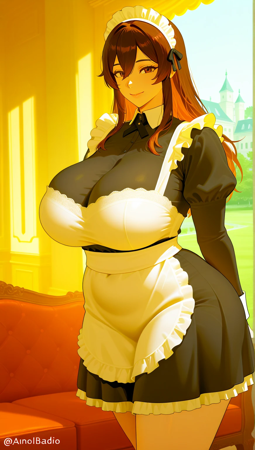 An older woman, huge breast, big dark brown hair, her light yellow eye, round big eyelash, wears a black maid top, shows her navel and wears a metallic black maid skirt, and is happy. 