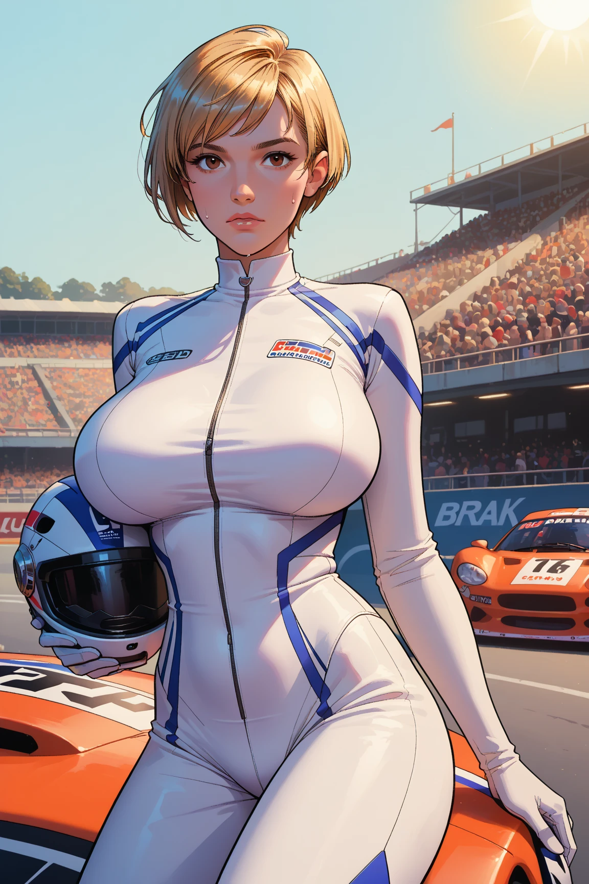 1female,41 years old,熟妇,mature,plumw,extremely large bosom ,Pornographic exposure, 独奏,(Background with:the rainforest,Race track) She has short black hair,Stand on the sidelines of the track,seen from the front, hair straight, mostly cloudy sky,(((tmasterpiece),(Very detailed CG unity 8K wallpaper),best qualtiy,cinmatic lighting,detailed back ground,beatiful detailed eyes,Bright pupils,Redlip(Very fine and beautiful),(Beautiful and detailed eye description),ultra - detailed,tmasterpiece,)),facing at camera,A high resolution,ultra - detailed),revealing breasts,Bare genitalia, Bulge,legs are open,Raised sexy,Camel toes,Flushed complexion,Open-mouthed,frontage,Racers,(Wearing:Sexy white racing suit,Blue and white color scheme,nakeness,Bare genitalia,Running naked,Bare breasts)
