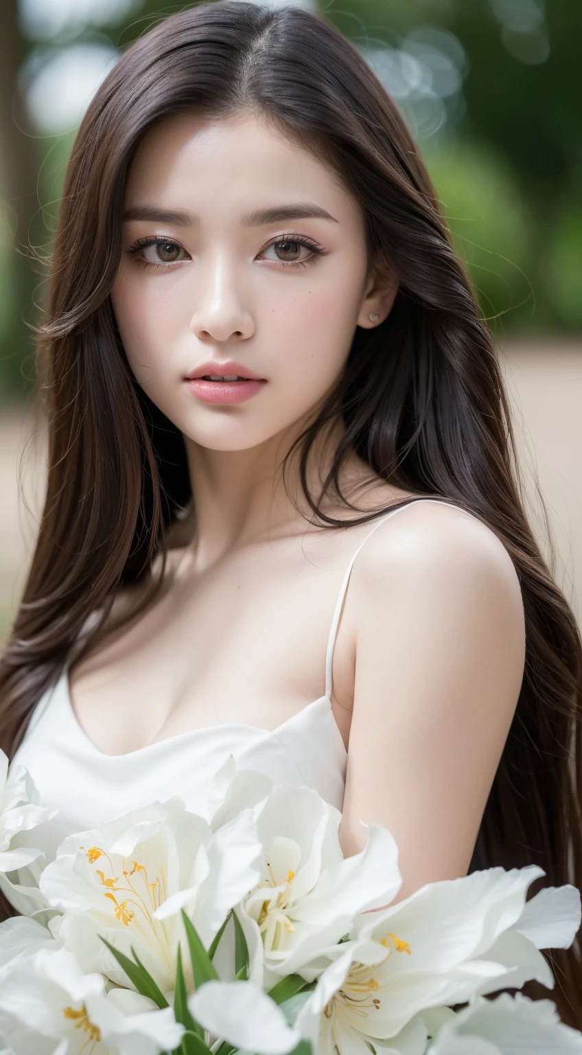 masterpiece, Best quality, Ultra-high resolution, High detail photos, Unity 8k wallpaper, Extremely detailed CG:1.2), Depth of Field, Bokeh, (original photo:1.Realistic photography:1.4), (1 Girl:1.5), young, Physically based representation, beautiful, (Exquisite facial details:1.4, Detailed clothing), (detailed:1.4) christen (Hidemi Fukada:1.1) rest Cara hermosa, Depth of Field, Add layers, Surreal, 27 years old, Perfect body model, Perfect breasts, Height 175 cm, Strike sexy poses, whole body, whole body, Model body type, rest (Alice Gainsborough, (Long hair:1.2), doble parpado rest garden