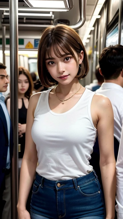 ((masterpiece)), ((best quality)), (((8k))),
(japanese crowded train, so many office workers:1.35),
From various angles, Angle from above, diagonally above,
(sweaty, grab the sling, arm up:1.35), armpit, white tank top,
Blunt bangs, dark eyebrows, white skin, shiny skin, beautiful, (scowl, displeased:1.3),
ultra high res,(photo realistic:1.4),
black hair, natural skin, Small and cute nose, Big and upward-curved eyes with a cute vibe, dark public hair,