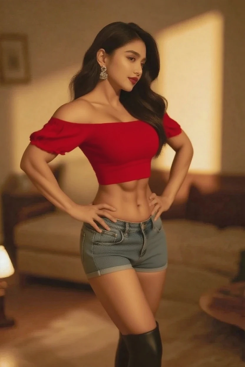 (RAW shooting, Photoreal:1.5, 8k, highest quality, masterpiece, ultra high resolution), perfect dynamic composition:1.2, Highly detailed skin and facial textures:1.2,beautiful and aesthetic:1.2,full body, Fair skin, (large breast:1.4, Chest gap:1.4),(perfect limbs:1.2), (perfect fingers:1.2),(HannahDundee,1girl,Caucasian,glamour,long brunette hair,earring,necklace,red tied shirt,short sleeves,navel, fingerless gloves,belt,white long pants,brown cowboy boots),(simple background:1),