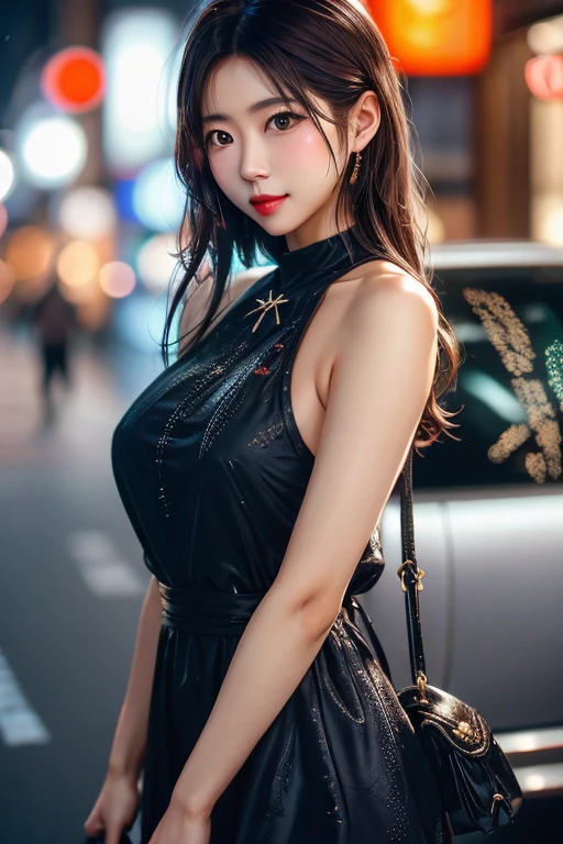 (Masterpiece, BestQuality:1.3), (ultra detailed:1.2), (hyperrealistic:1.3), (RAW photo:1.2),High detail RAW color photo, professional photograph, (Photorealistic:1.4), (realistic:1.4), ,professional lighting, (japanese), beautiful face, (realistic face), cute woman, (Brown Hair:1.5), (Big Breasts:1.2, (cheerful Smile:1.35), Trending Hair&Trending Hairカラーをランダムに, sexly, erotic sexly, (Black Bodycon Dress、City night view、Sexy gaze beauty。Wearing a ruby pendant、One leg bent pose。:1.4), Beautiful location, (Detailed Background))