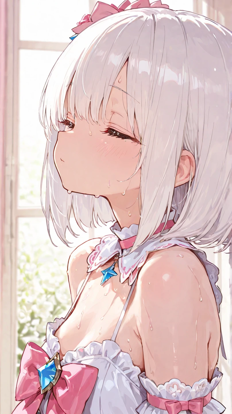 (masterpiece)、(absurdres)、(ultra detailed)、solo lady、 shiny white hair、shortcut hair、shiny pink eyeiddle breast:0.9,BREAK、(yellow hairpin)、BREAK、Light blue pastel bikini:0.9、See-through jacket:1.1、BREAK,closeup head shot,from front、half-closed eyes,Starry Sky、kissing face,ass pov,Kissing Scene